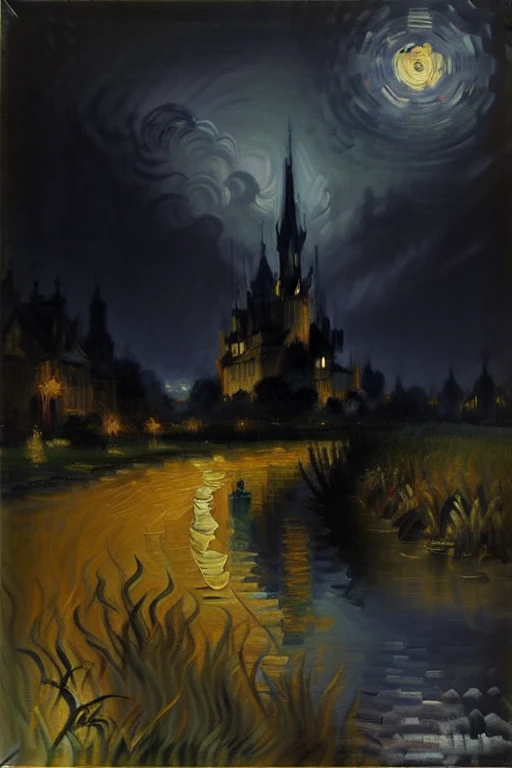 dark, castle, black sky, gloom, oil painting style, golden yellow