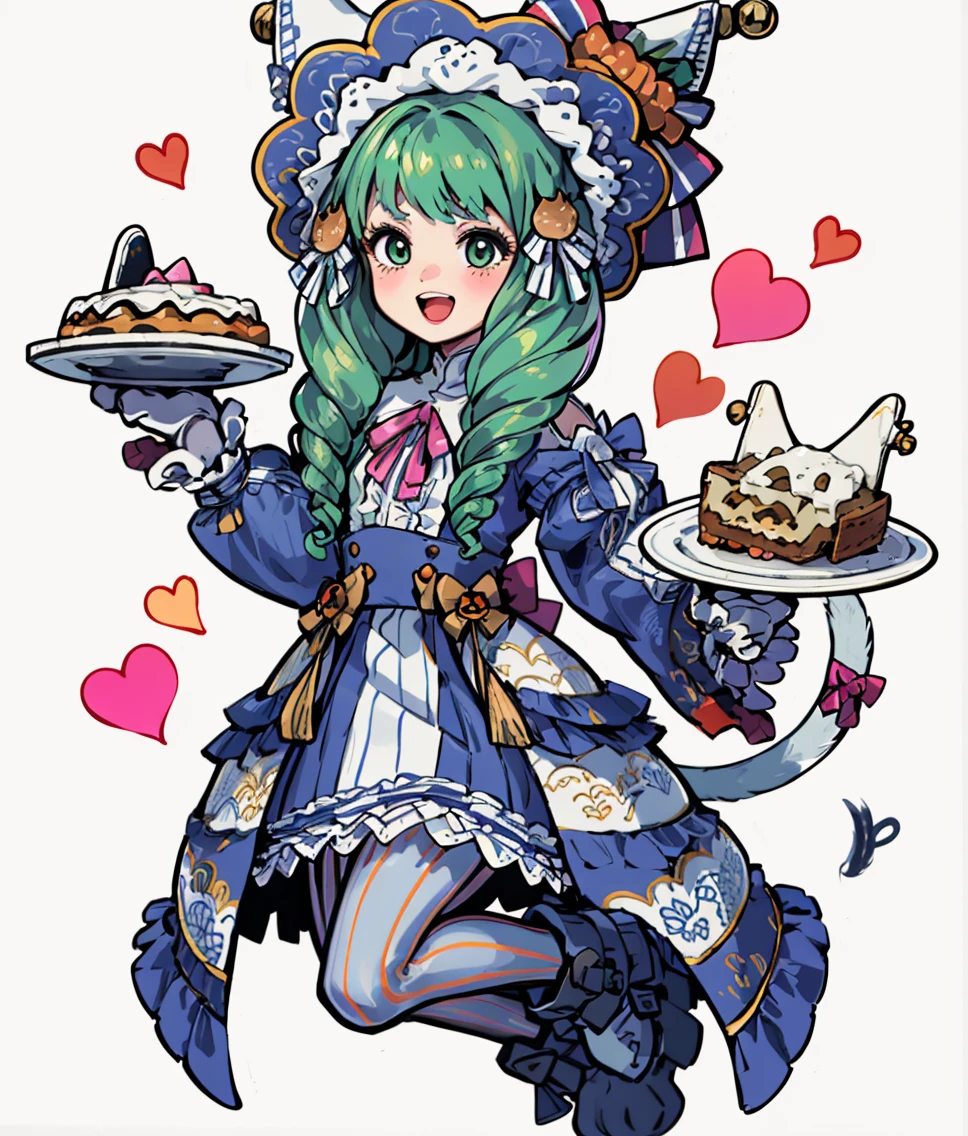 white background, chibi, 1girl, full body, solo, excited, open mouth, smile, holding plate, pumpkin pie, <lora:FlaynFEHHalloween-bsinky-v1:0.9> hlwnFlayn, striped pantyhose, gloves, animal hands, cat paws, cat ears, cat tail, tail bow, paw shoes  <lora:Cutedoodle_SD15-000008:0.65> cute doodle