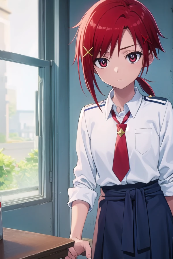 akanehino, <lora:akane hino s1-lora-nochekaiser:1>,
akane hino, short hair, hair ornament, (red eyes:1.3), ponytail, red hair, hair clip, x hair ornament,
BREAK skirt, school uniform, necktie, sweater, sleeves rolled up, clothes around waist, sweater around waist, nanairogaoka middle school uniform,
BREAK indoors, classroom, school,
BREAK looking at viewer, (cowboy shot:1.5),
BREAK <lyco:GoodHands-beta2:1>, (masterpiece:1.2), best quality, high resolution, unity 8k wallpaper, (illustration:0.8), (beautiful detailed eyes:1.6), extremely detailed face, perfect lighting, extremely detailed CG, (perfect hands, perfect anatomy),