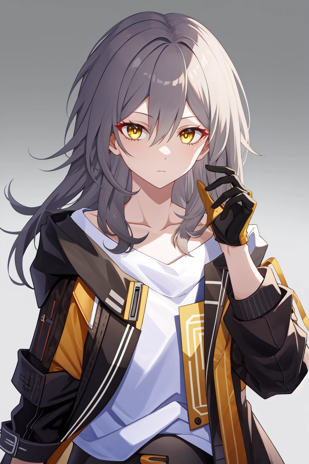 <lora:æ:1:lbw=char>,xing,yellow eyes,long hair,bangs,grey hair,jacket,shirt,white shirt,black jacket,gloves,hair between eyes,black gloves,open clothes,open jacket,collarbone,off shoulder,, 1girl,
,  (masterpiece,best quality:1.2),absurdres
