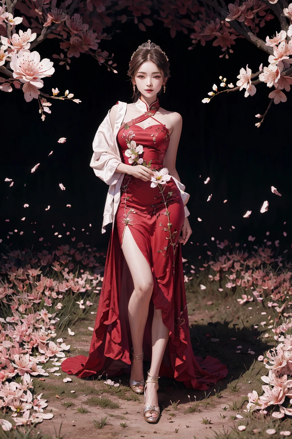 (8k, Best Quality, Masterpiece,Super Detail,High sense photo, High Detail skin),realistic,A stunning intricate full color of asian beautiful bride wearing big giant flower dress, white background, sharp focus, natural lighting, subsurface scattering, f2, 35mm, film grain, hoadao, (red flower),(petals:1),cherry blossoms,outdoors, full body, <lora:hoadao_v1:1>