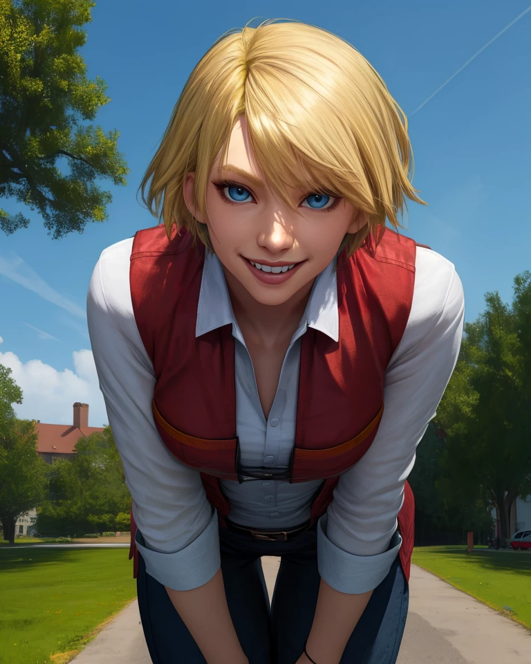 Leo,blonde hair,short hair,blue eyes,
red vest,small breasts,leaning forward,smile,
standing,
town,park,
(insanely detailed, masterpiece, best quality),solo,<lora:LeoT8-11v10v2:0.7>,