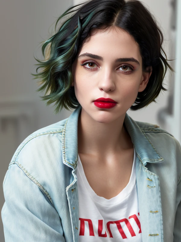 gquality, <lora:nadya-10:1> nadya, 1girl, solo, black hair, looking at viewer, short hair, simple background, shirt, mole, portrait, realistic, red lips, denim jacket, green hair, two-tone hair, makeup