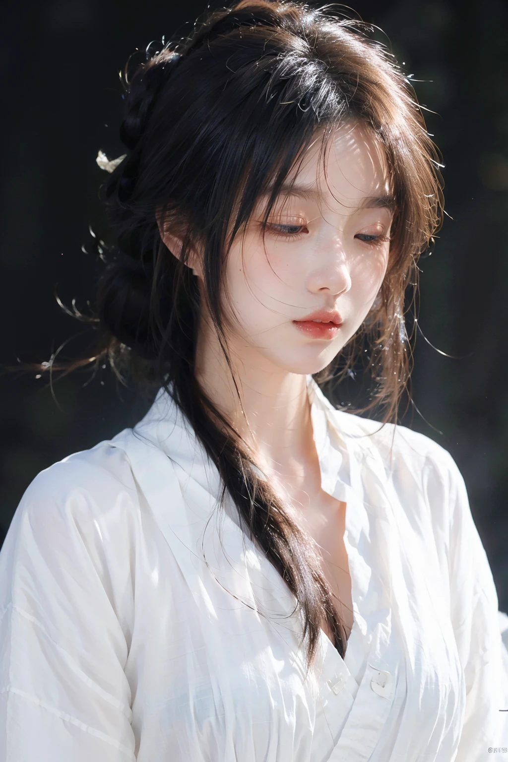 <lora:Calligraphy-000001:0.8>,<lora:GoodHands-beta2:1>,Calligraphy background,solo,1girl,long hair,black hair,hair bun,blurry background,blurry,cursive,Black robe,Hanfu,upper body,single hair bun,closed eyes,red lips,hanfu,lips,parted lips,chinese clothes,robe,scroll,wind,ruffling hair,floating hair,(portrait:1.2),, best quality , masterpiece, illustration, an extremely delicate and beautiful, extremely detailed ,CG,unity,8k wallpaper, Amazing, finely detail, masterpiece, best quality,official art,extremely detailed CG unity 8k wallpaper,absurdres, incredibly absurdres, huge filesize , ultra-detailed, highres, extremely detailed,beautiful detailed girl, extremely detailed eyes and face, beautiful detailed eyes,light on face,