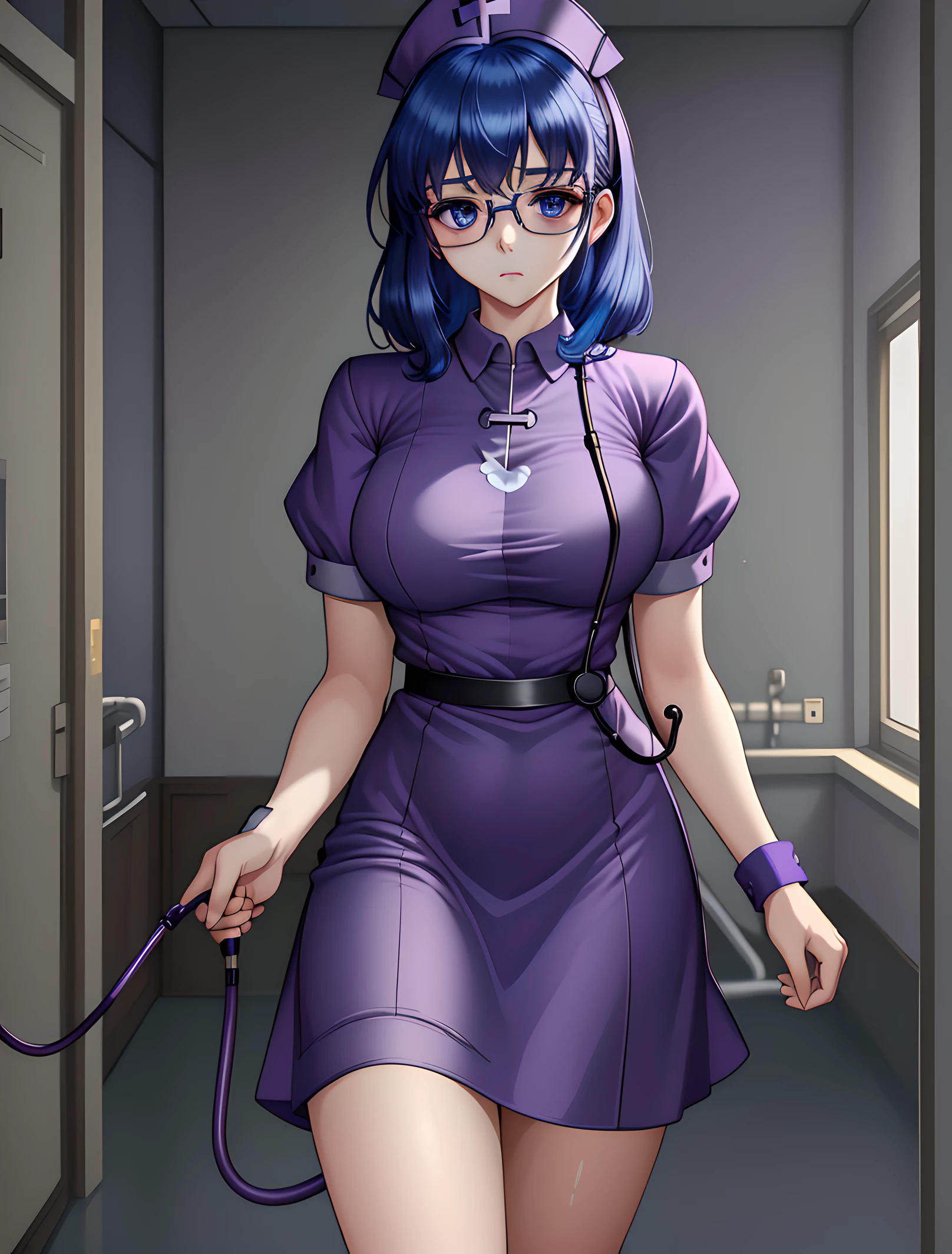 ((masterpiece, best quality, high quality)),1girl, ((uncropped,lower body, hospital)), <lora:Purple Nurse:0.6> (purple_nurse_cst, stethoscope, nurse, nurse cap, purple headwear, purple dress, jewelry), <lora:SachieMurata:0.7> (sachiemurata, blue hair, glasses, 1girl, solo, blue eyes, medium breasts, short hair),