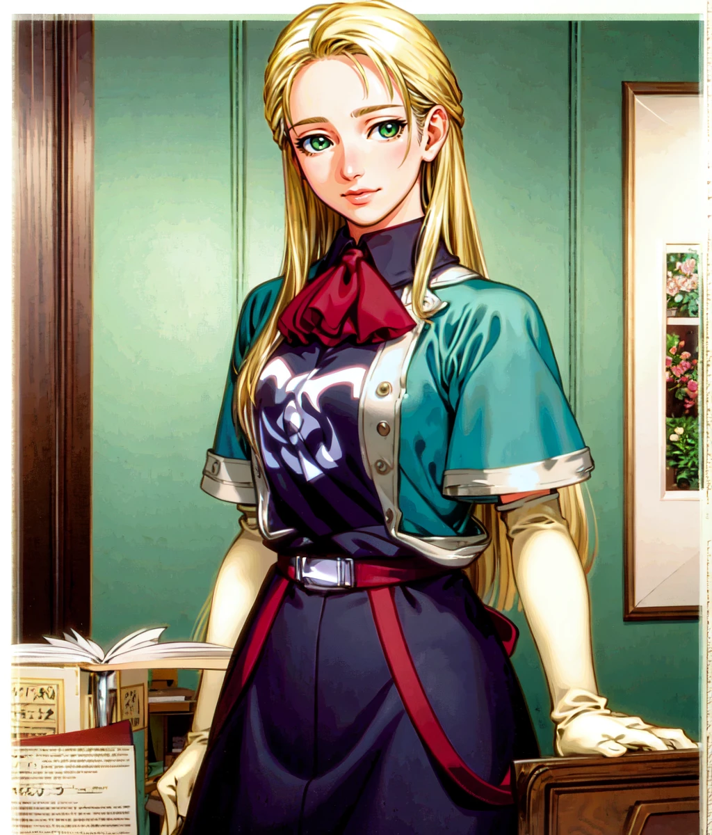 masterpiece, high res, detailed face, detailed eyes, anime screencap, 1 woman, woman, mature, solo, blonde hair. long hair, green eyes, forehead, blue outfit, standing, thinking, indoors, office, medieval, cowboy shot <lora:Teresa:1>