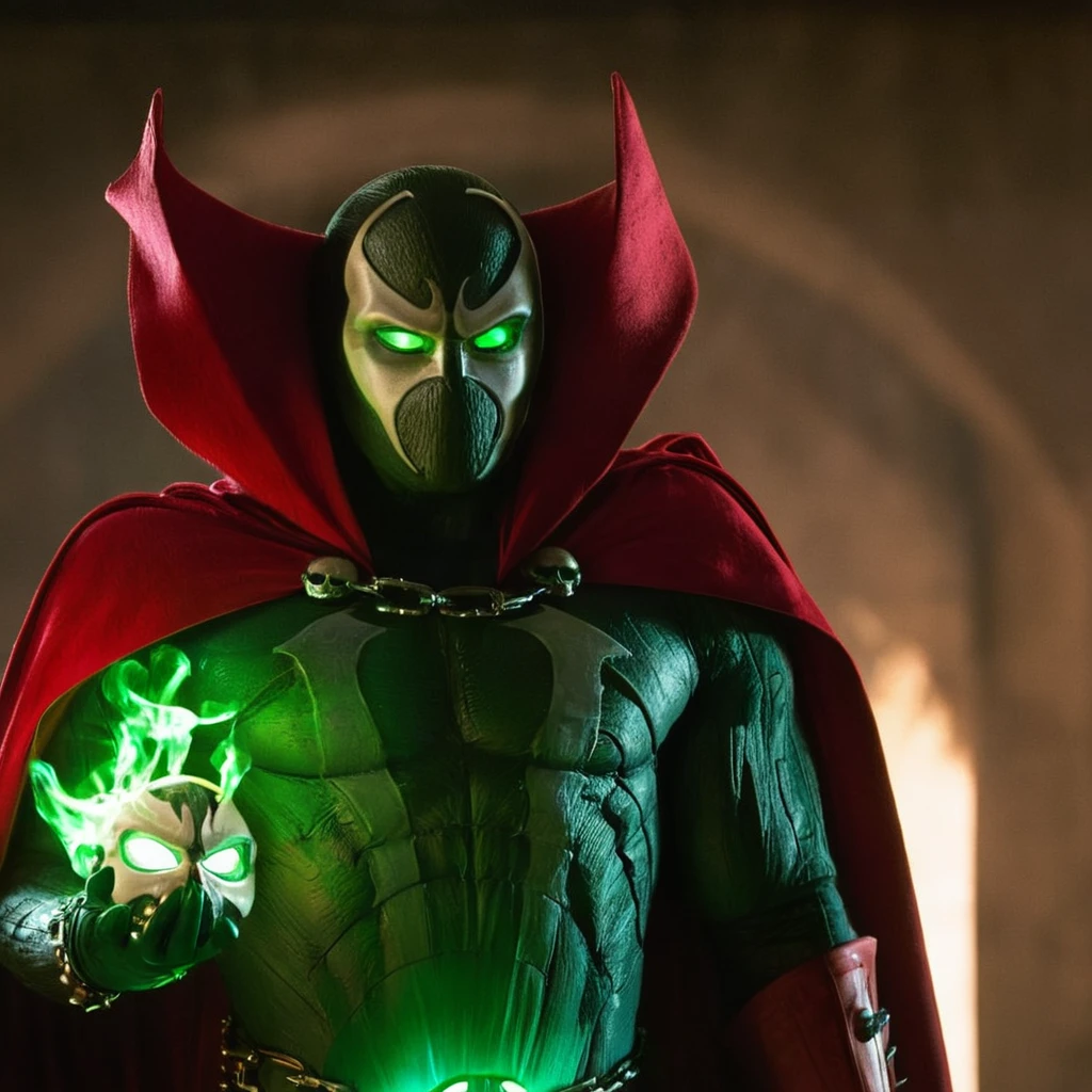 cinematic film still of <lora:Spawn v2:1>
living symbiotic costume, red cape, mask, green eyes, glowing eyes, creature, Spawn a man in a green mask with chains around his neck,solo,looking at viewer,1boy,green eyes,upper body,male focus,cape,mask,glowing,chain,glowing eyes,skull,superhero, shallow depth of field, vignette, highly detailed, high budget, bokeh, cinemascope, moody, epic, gorgeous, film grain, grainy