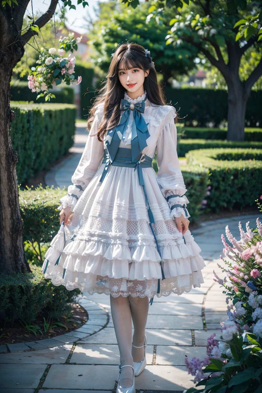 best quality, masterpiece, realistic, photorealistic, 1girl, solo, looking at viewer, light smile, full body, standing, long hair, black hair, bangs, blue dress, cyb dress, frilled dress, layered dress, frills, bow, ribbon, long sleeves, white pantyhose, high heels, in garden, flower, tree, <lora:lo_dress_vol3_style1_v1:0.7>