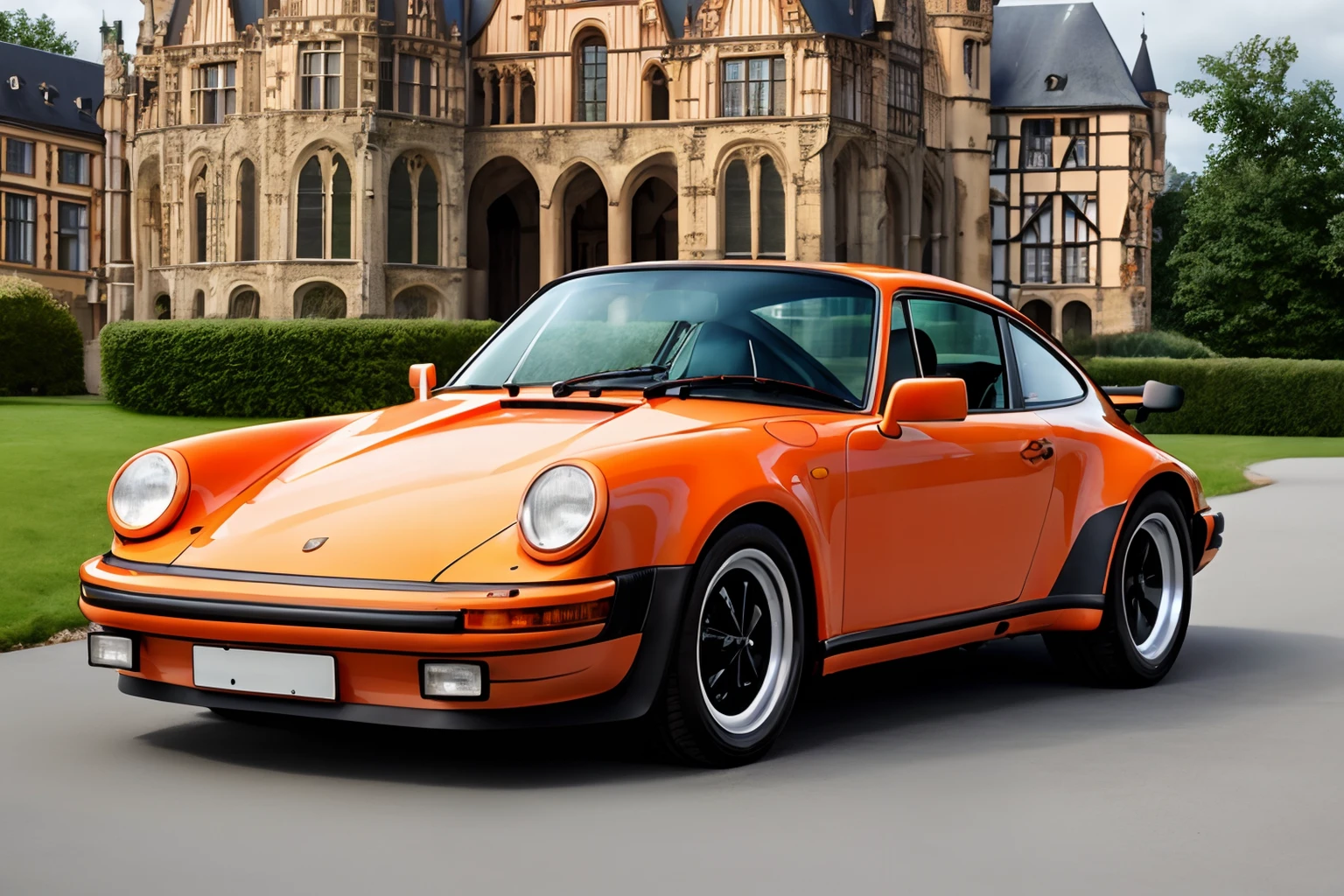Photo of a orange p911t, parked in a driveway, in front of a German Castle <lora:p911t:.8>
