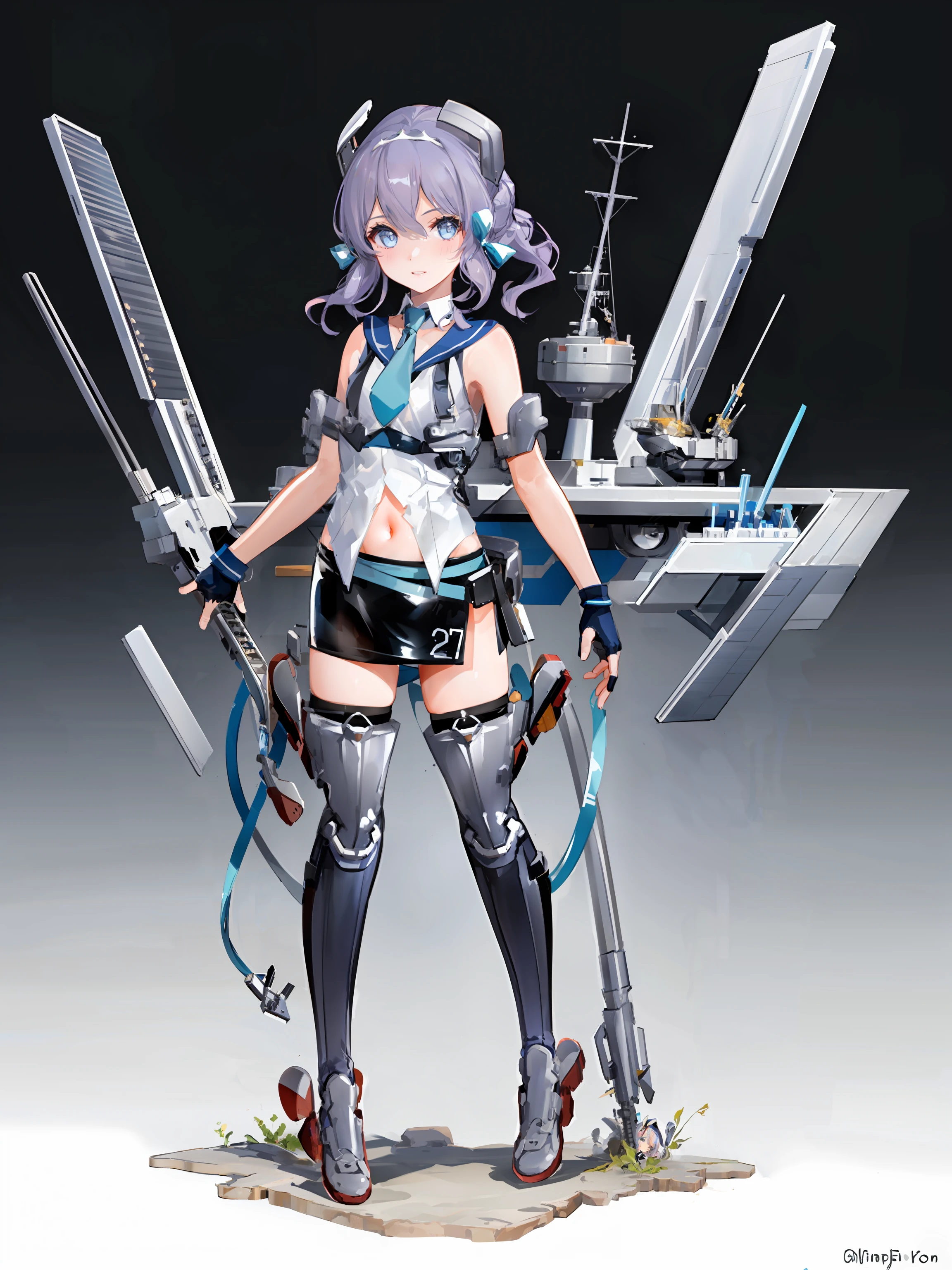 langley \(kancolle\), 1girl, skirt, sleeveless, rudder footwear, solo, shirt, necktie, sleeveless shirt, gloves, pencil skirt, rigging, white shirt, blue necktie, navel, breasts, black skirt, headgear, full body, thighhighs, white background, flight deck, simple background, miniskirt, fingerless gloves, grey eyes, short hair, original, intricate detail, illustration, masterpiece, extremely detailed CG unity 8k wallpaper, highlight, sharpening, dynamic, <lora:Langley:0.8>,