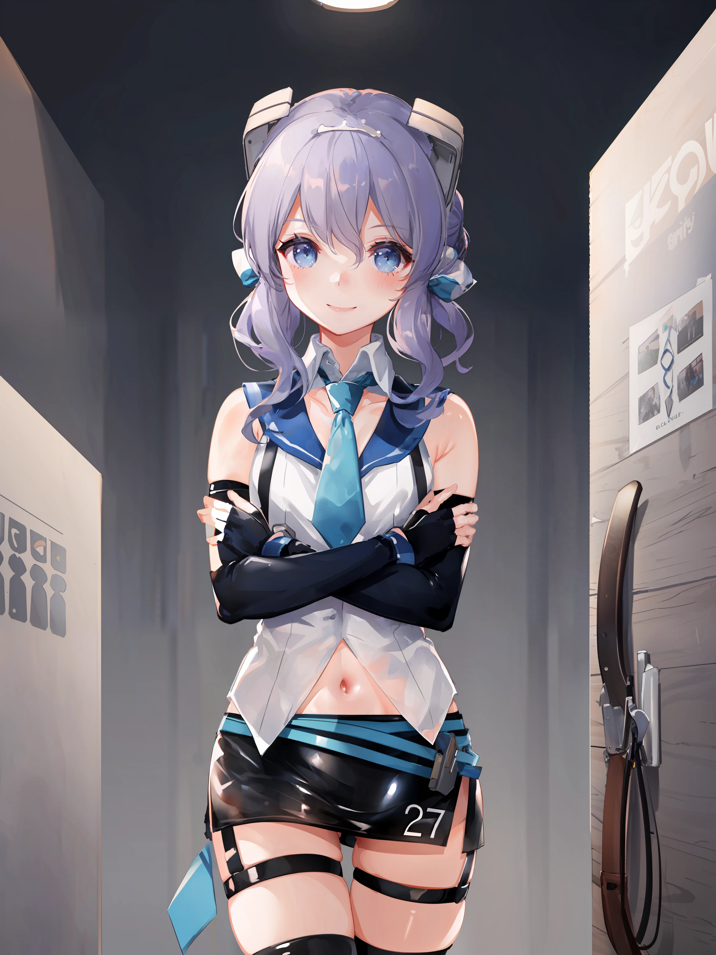 langley \(kancolle\), 1girl, solo, skirt, gloves, black gloves, shirt, sleeveless, black skirt, smile, sleeveless shirt, white shirt, necktie, fingerless gloves, looking at viewer, breasts, navel, ribbon, cowboy shot, twintails, hair ribbon, sailor collar, headgear, midriff, thigh strap, dutch angle, medium hair, original, intricate detail, illustration, masterpiece, extremely detailed CG unity 8k wallpaper, highlight, sharpening, dynamic, <lora:Langley:0.8>,