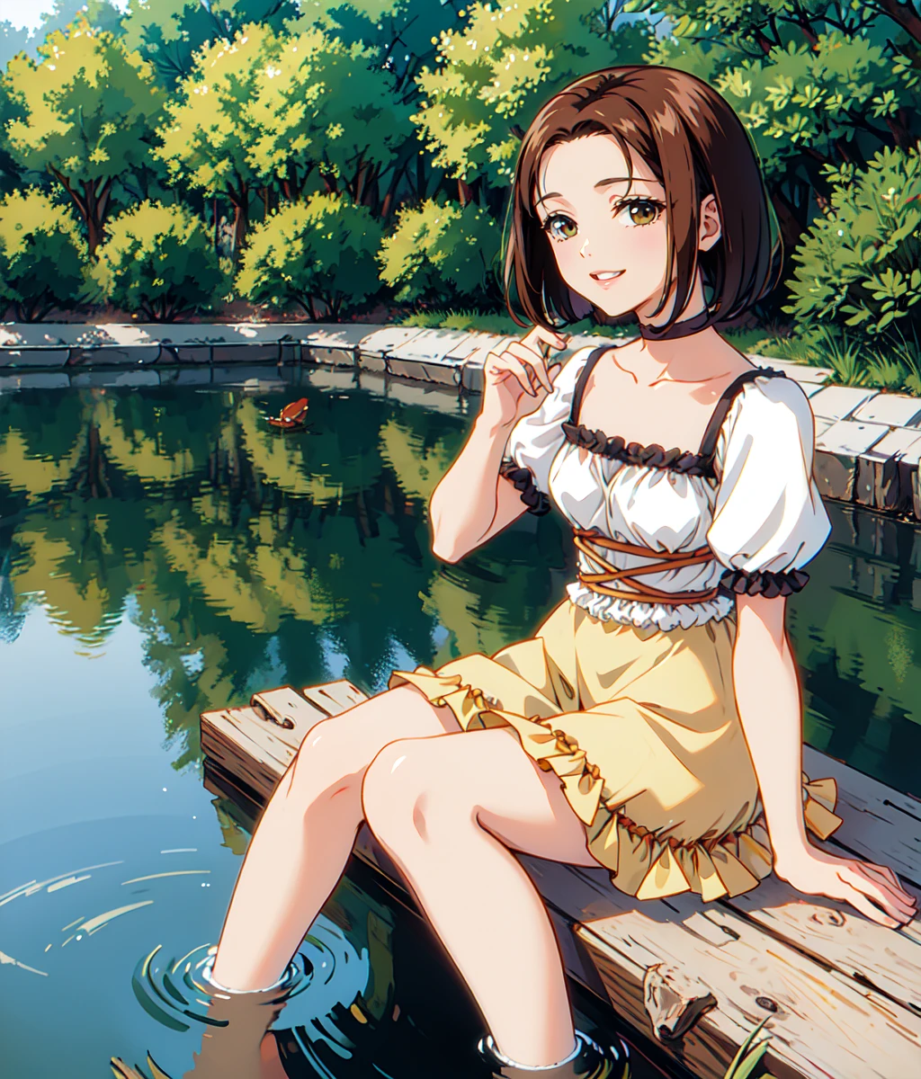 masterpiece, high res, detailed face, detailed eyes, anime screencap, 1 girl, ((singing)),sitting, garden, feet on water, looking at the viewer, smile, closed eyes, slender, short hair, brown hair, yellow dress, white shirt, hands together, hands on chest, singing, indoors, full body, stage, outdoors, cowboy shot  <lora:Annallee:1>