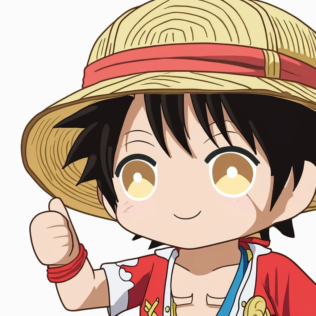 <lora:xl_aprob_(meme)2:1>,smile,chibi,bright pupils,thumbs up,blush,monkey d. luffy \(cosplay\),, masterpiece, best quality,