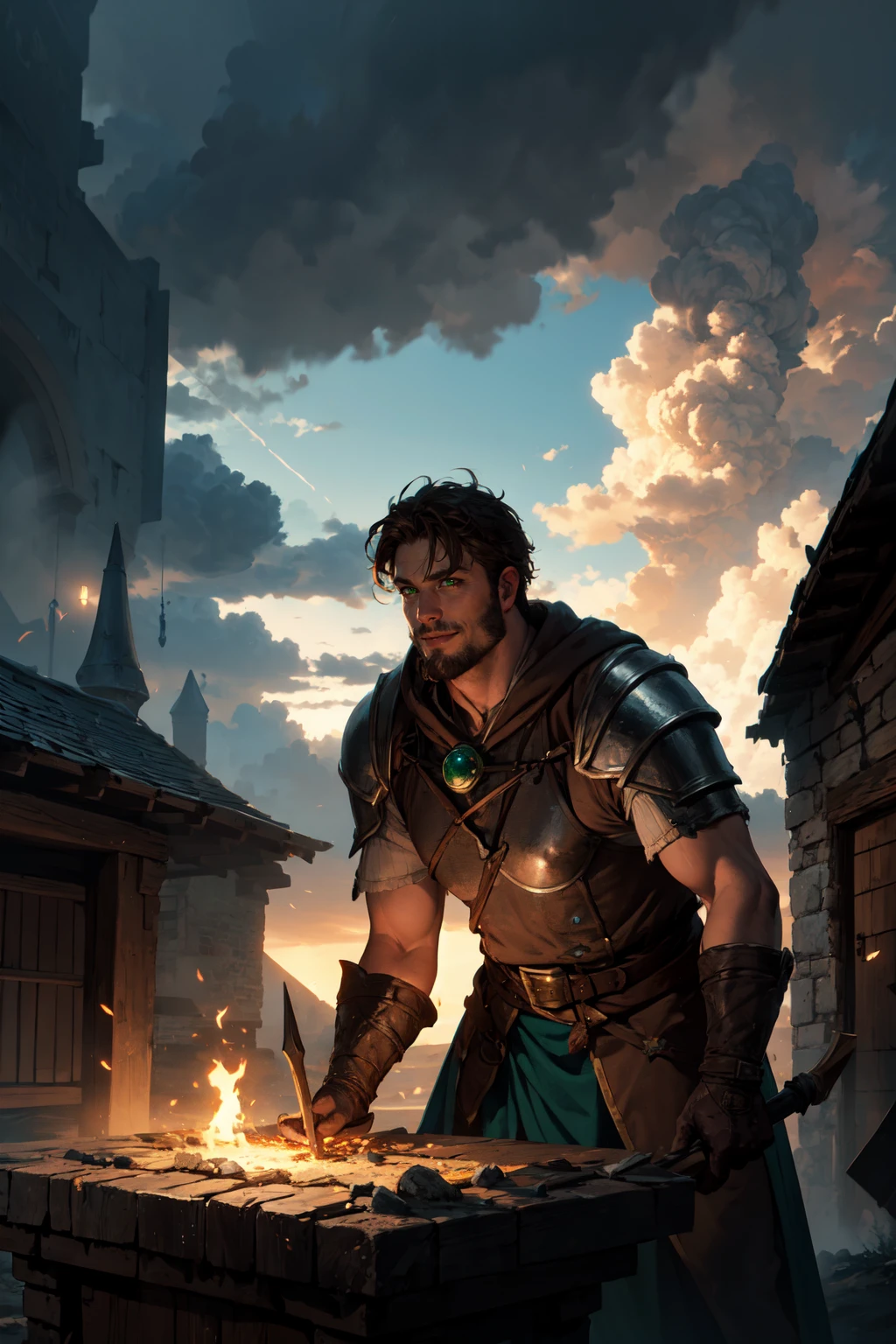 absurdres, village, fantasy, dungeons and dragons, bright scene, clouds, volumetric light, contrast, man, smith, hammering steel on an anvil, toned, facial hair, dark brown hair, green eyes, smithy