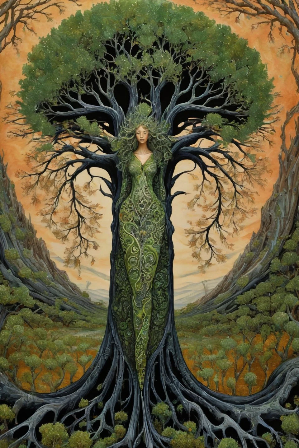 fantasy Color Field Painting xlmrblng36-500 a mature Greek dryad exploring in a boggy moorland, mossy baobab tree, black filigree inlay, intricate, crisp lines