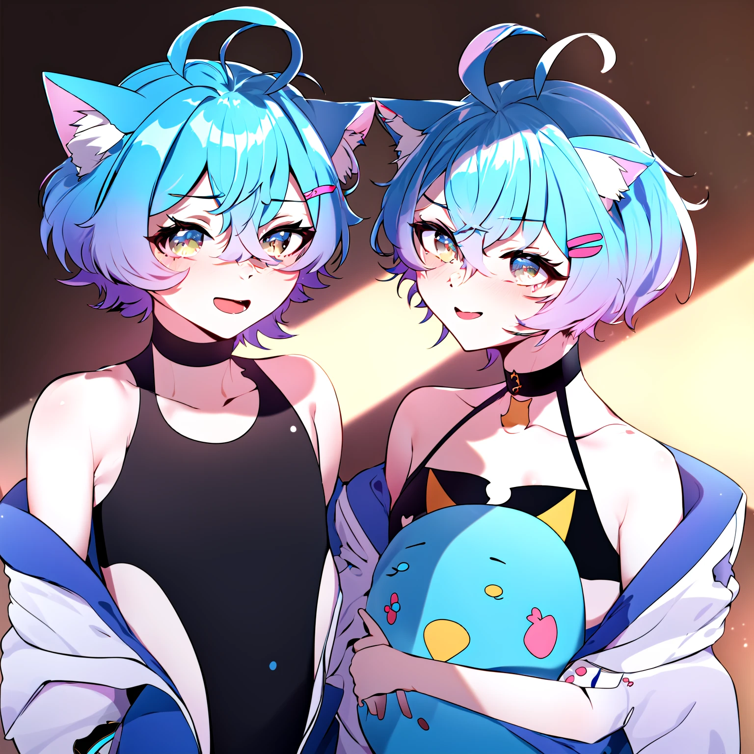 Linechu, a boy with blue hair and cat ears, holding a penguin plushie, wearing a black top <lora:Linechu6_nai_cosine_512:1>, flat chest