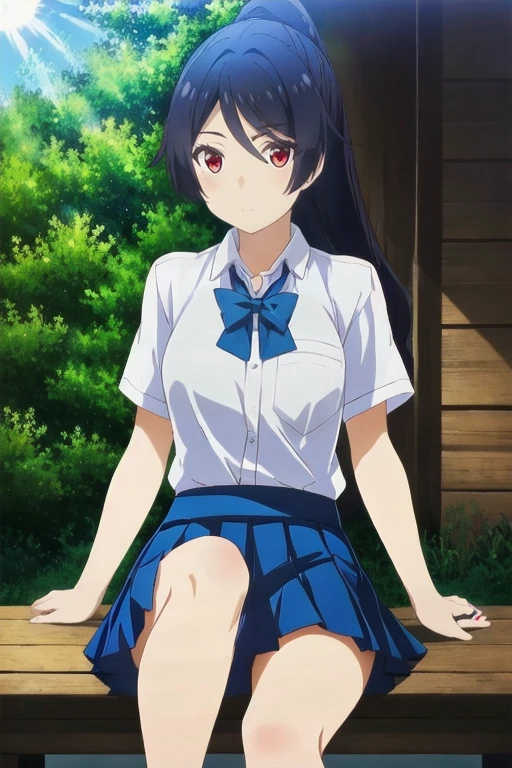 Tougou_mimori, 1girl, 12years old, long hair, light blue eyes, black hair, ribbon, perfect anatomy, (big ass, buruma), gym uniform, white t-shirts, gigantic breasts, posed photo, wide-angle photo, naughty smile, embarrassed look, anime, anime screencap, best illustration, absurdres,