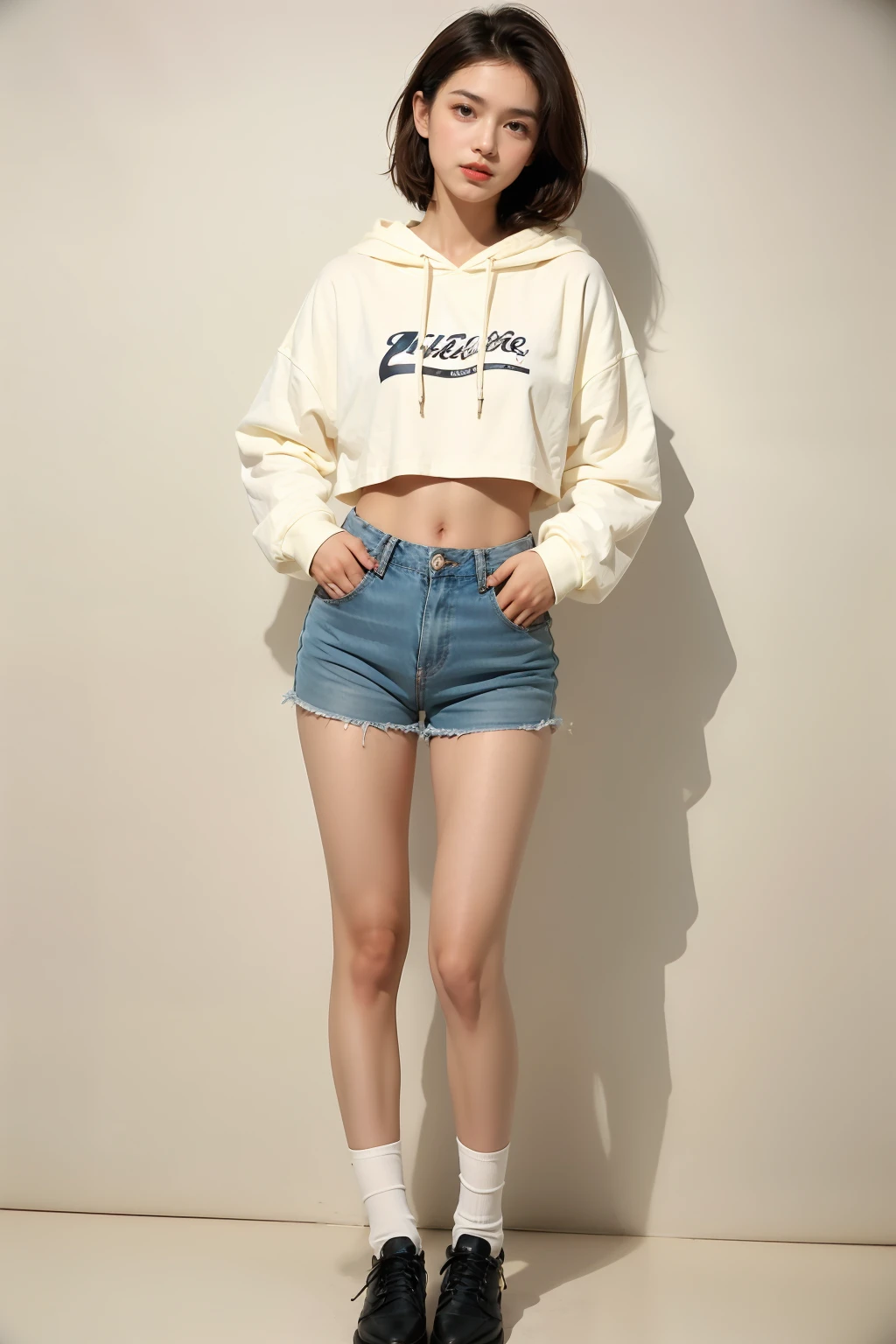 her name is An, high quality, 1girl, ((20-year-old fit Caucasian woman)), ((20 years old)), ((fit)), ((hair in a bun)), pose: standing, wearing pastel colored unique gen Z modern wear, BACKGROUND: Your apartment is in a converted industrial loft, with exposed brick walls and large windows overlooking the bustling city.