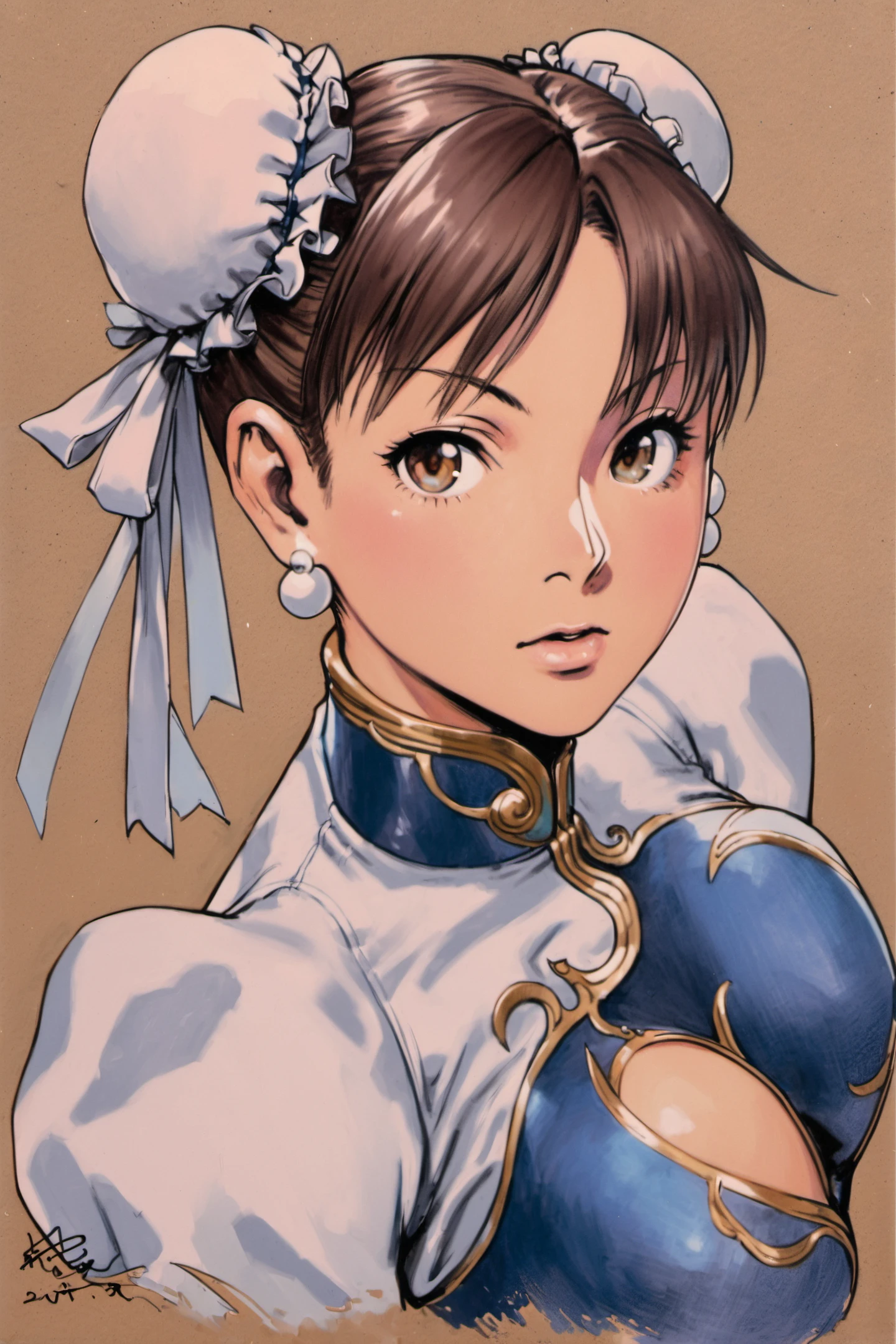 1girl, solo, chun-li, bun cover, hair bun, chinese clothes, jewelry, double bun, earrings, dress, china dress, traditional media, brown hair, spikes, brown eyes, signature, looking at viewer, <lora:Yasuda akira_XL:0.8>