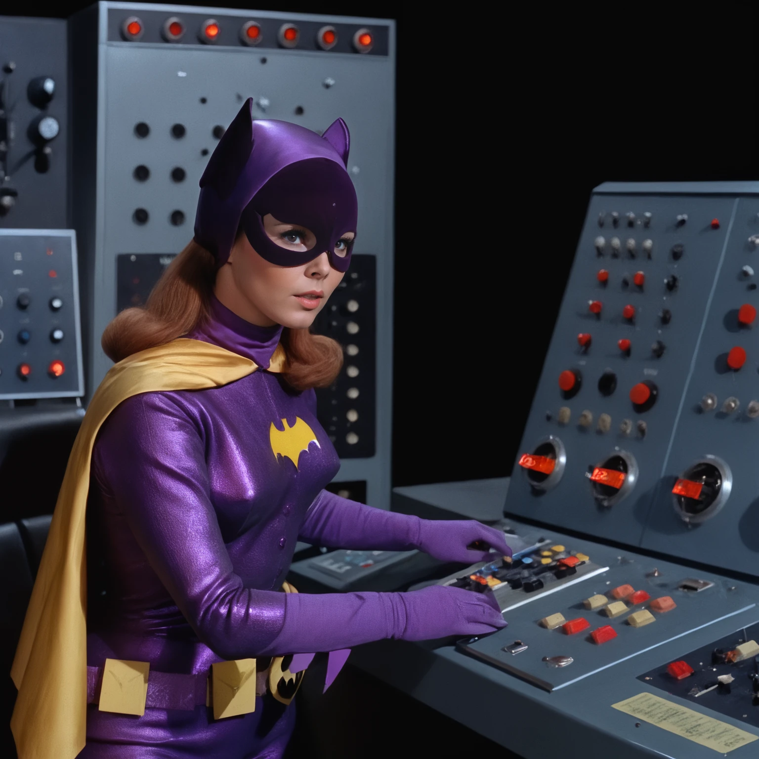 upper body, yvonne craig woman  working with a retro futuristic computer inside a control room, buttons, switches, screens, radars, 60's style, analog film, film grain, nightime<lora:batgirl-v3:0.7>