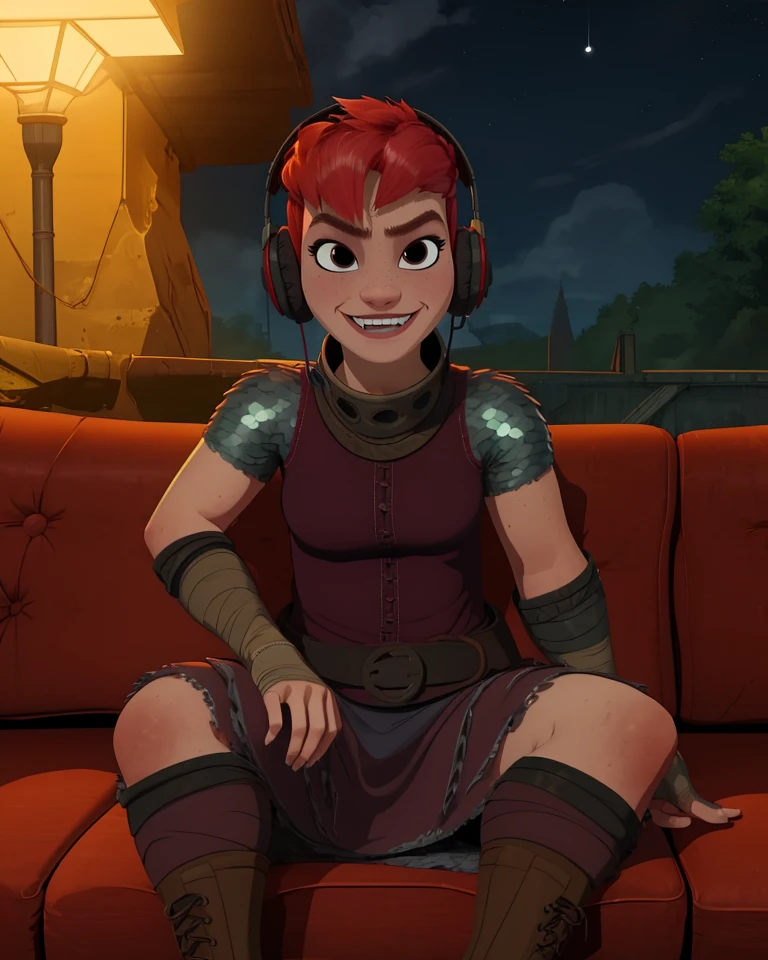 Nimona,black eyes,upper body,smiling,short hair,headphones,
armor,bandages,gloves,dress,brown footwear,
nighttime,couch,
(insanely detailed, masterpiece, best quality),fantasy,<lora:Nimona:0.8>,