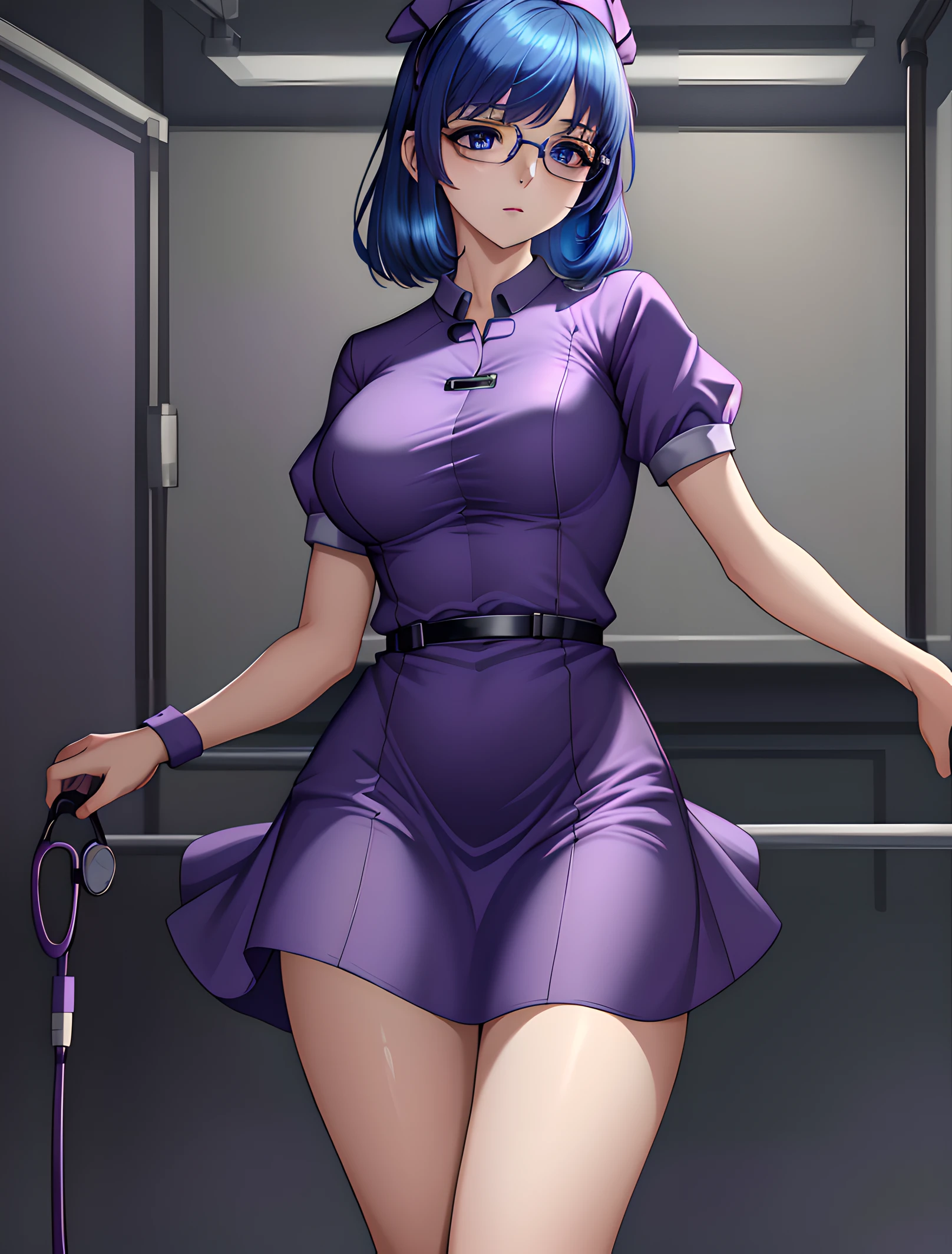 masterpiece, best quality, 1girl, solo, TwilightHuman, ponytail, purple eyes, glasses, pale skin, medium breasts, naked body, nude, purple skirt, sexy purple dress, undressing her dress, standing frontally to the viewer, pov, looking at viewer, whole body can be seen, fear, afraid, scared expression, school locker room, detailed hands, five fingers, female genitals