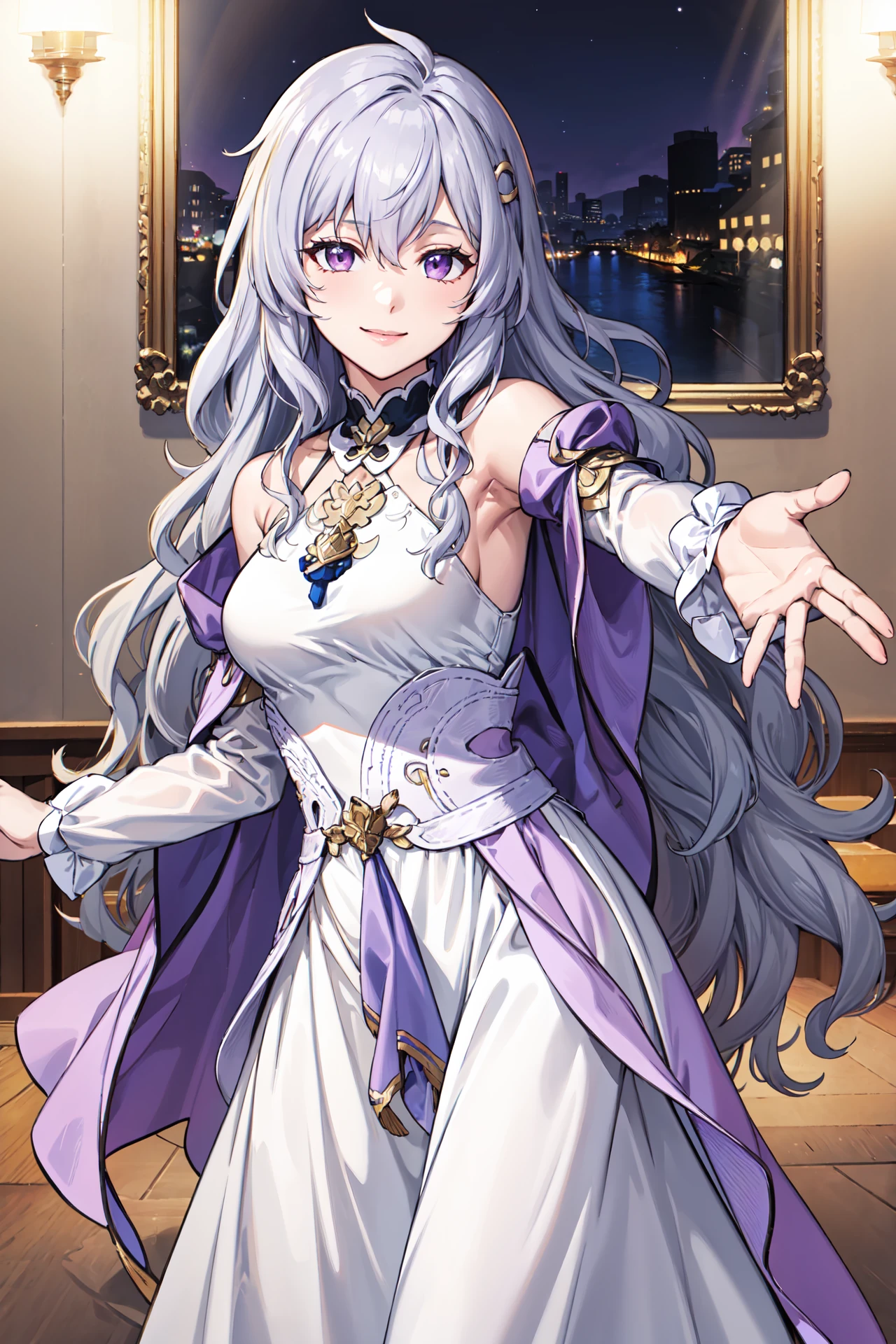 smile,upper body, reaching out,looking at viewer,  <lora:deirdreV1:0.85>mas_deirdre,wavy hair,  white long dress, long sleeves, bare shoulders, cape,  long skirt, detached sleeves, jewelry, gold trim, gradient clothes, turtleneck, sleeveless,indoors,dance hall,night,(masterpiece, best quality, ultra-detailed, best shadow)