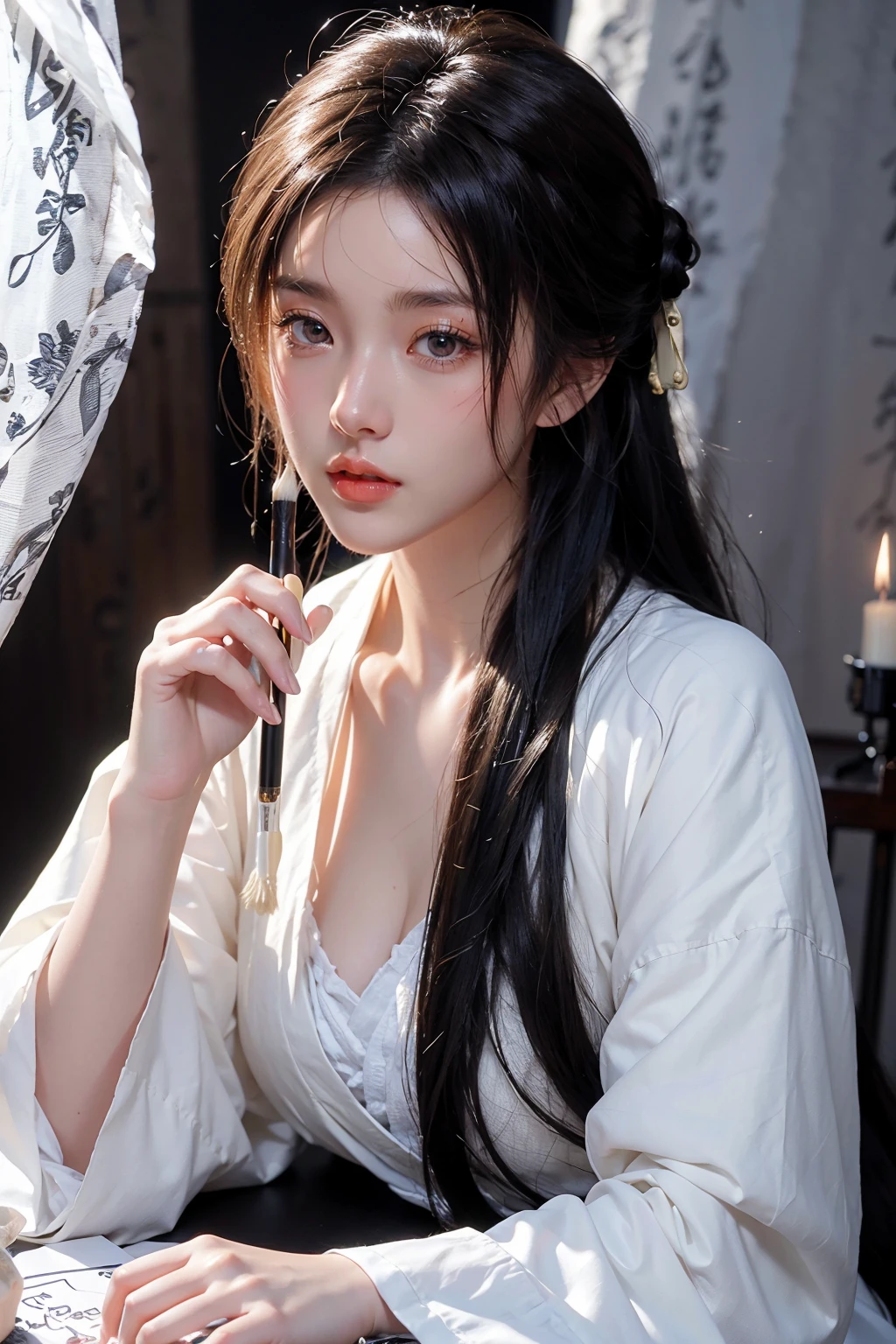 <lora:Calligraphy-000001:0.8>,<lora:GoodHands-beta2:1>,Calligraphy background,1girl,long hair,black hair,solo,candle,scroll,cursive,realistic,curtains,sitting,robe,indoors,red lips,paintbrush rack,holding,chinese clothes,white robe,calligraphy brush,, best quality , masterpiece, illustration, an extremely delicate and beautiful, extremely detailed ,CG,unity,8k wallpaper, Amazing, finely detail, masterpiece, best quality,official art,extremely detailed CG unity 8k wallpaper,absurdres, incredibly absurdres, huge filesize , ultra-detailed, highres, extremely detailed,beautiful detailed girl, extremely detailed eyes and face, beautiful detailed eyes,light on face,