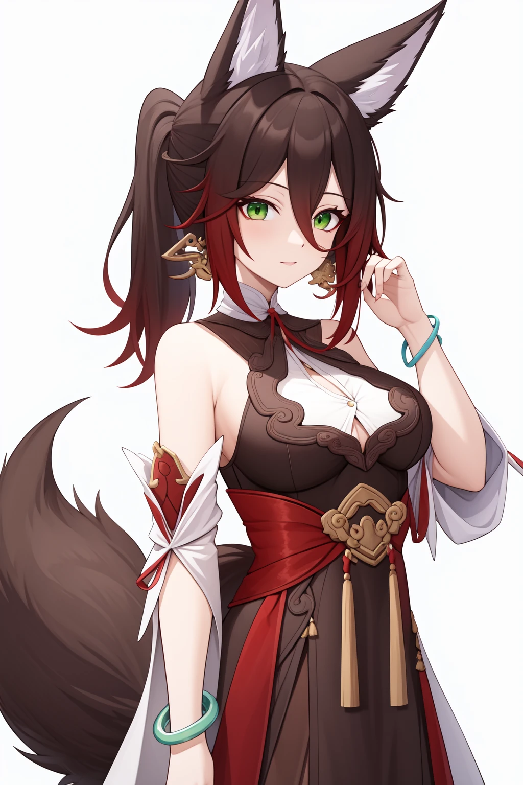 <lora:åäº:1:lbw=char>,tingyun,animal ears,green eyes,breasts,brown hair,tail,hair between eyes,fox ears,jewelry,animal ear fluff,ponytail,long hair,fox tail,bracelet,, 1girl,
, (masterpiece,best quality:1.2),absurdres