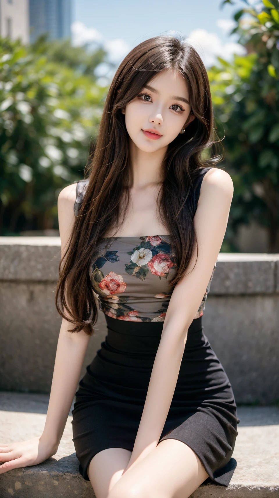 (full body),(from below),20-year-old sexy model,mixed4,black camisole,white pleated skirt,off-shoulder,full bust,slim figure,sitting on the stairs,posing for a photo,(best quality,4k,8k,highres,masterpiece:1.2),ultra-detailed,(realistic,photorealistic,photo-realistic:1.37),portrait,professional lighting,smiling.
