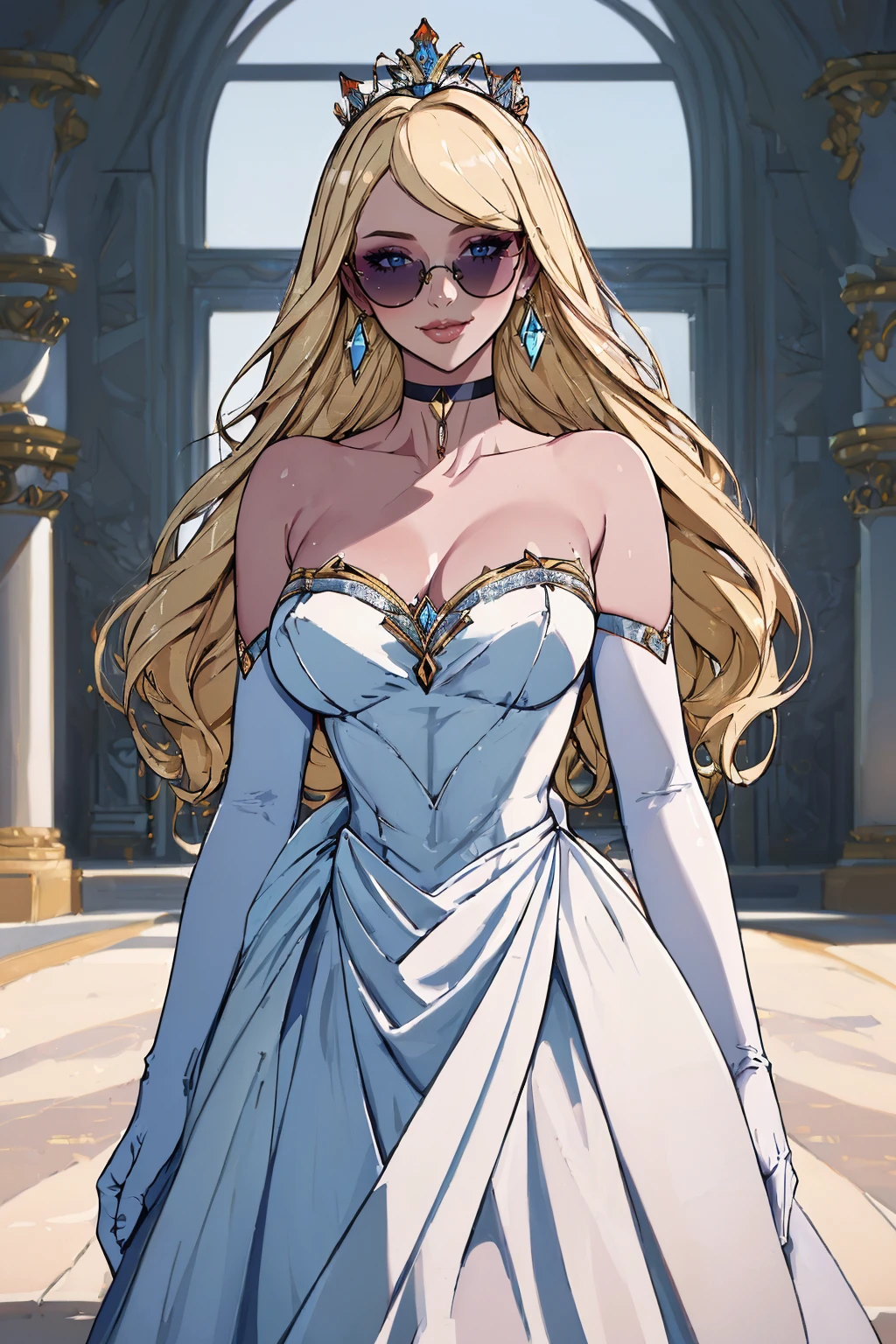 ((masterpiece,best quality,edgQuality)),(smile:0.8),
edgHauteCouture, a woman in a dress,wearing edgHauteCouture
 <lora:edgHauteCoutureIV:1>
<lora:Anime_Nadia:0.5> blonde, nadia, nadia_face, nadia_body, choker, sunglasses,elbow gloves,crown