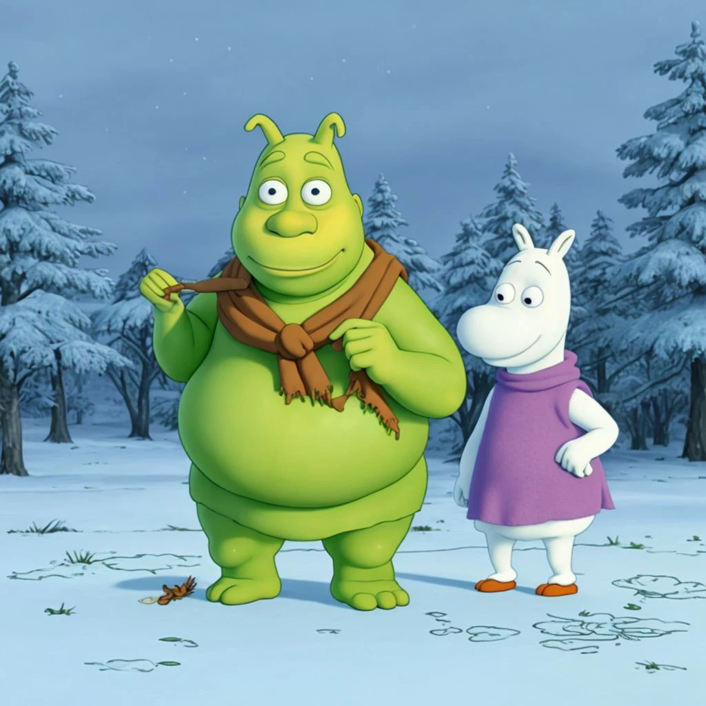 Shrek and Olaf on a frozen field Moomin <lora:SD15-Moomin-LoRA:0.8>