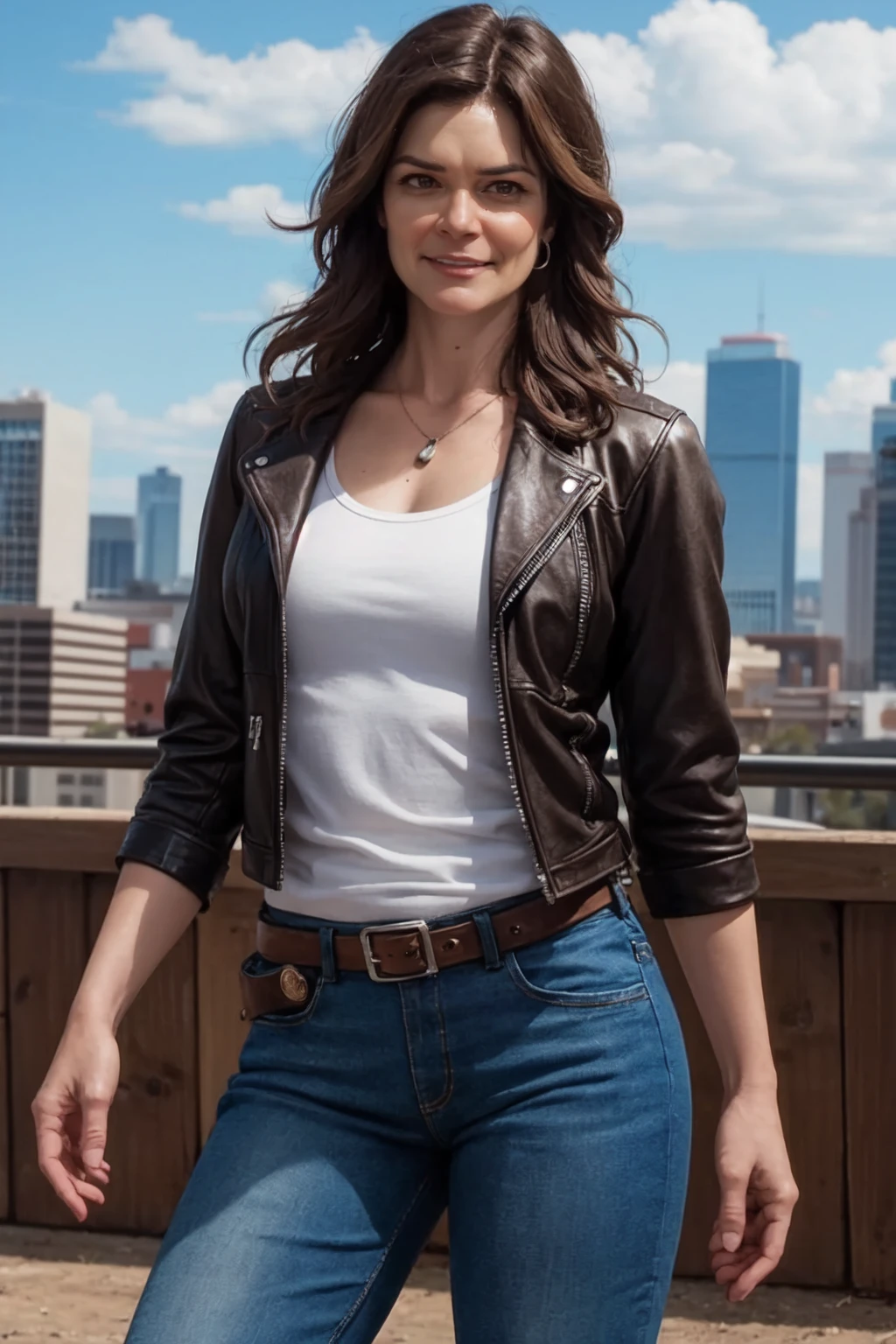 <lora:mondongo_LoRA_BetsyBrandt:1> mndngwmn, (cowboy shot),(ultra realistic, 8k,high quality), wearing a leather jacket, on a city downtown