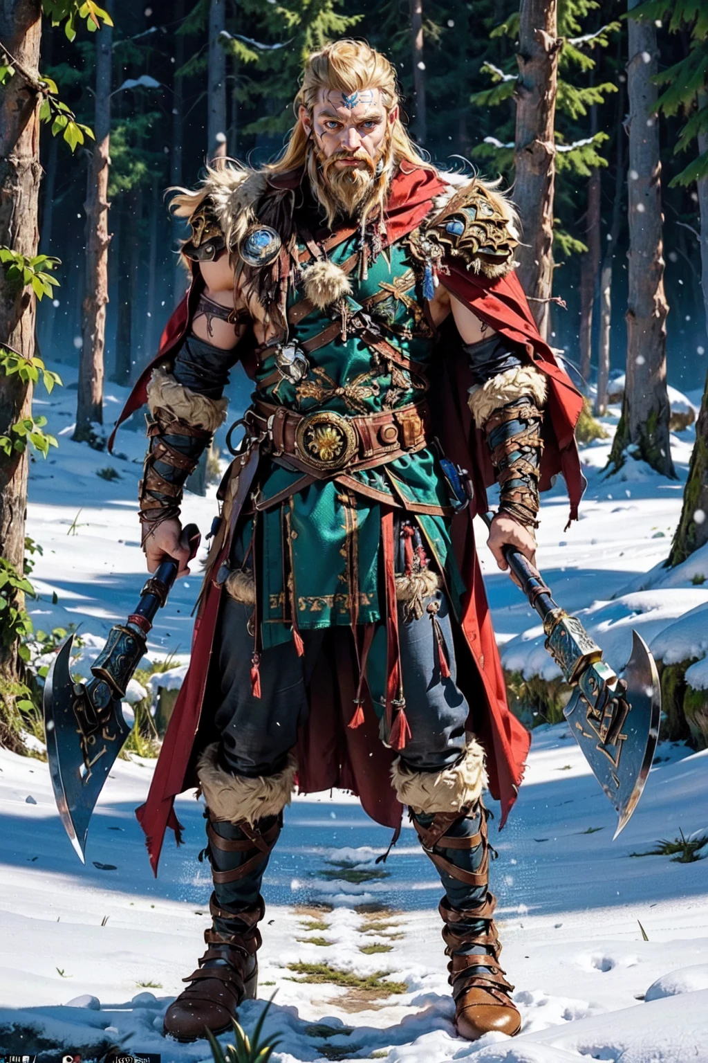 (masterpiece:1.2, best quality), (photorealistic:1.2), Viking_dual_V1, viking, solo, standing, 1boy, beard, ((full body)), ((muscular:1.2)), ((holding axe, dual wielding)), armor, boots, fur trim, shoulder armor, belt, pants, pauldrons, cape, scar, tattoo, facial tattoo, (Northern European forests background, snow) <lora:Viking_dual_V1-15:0.45>