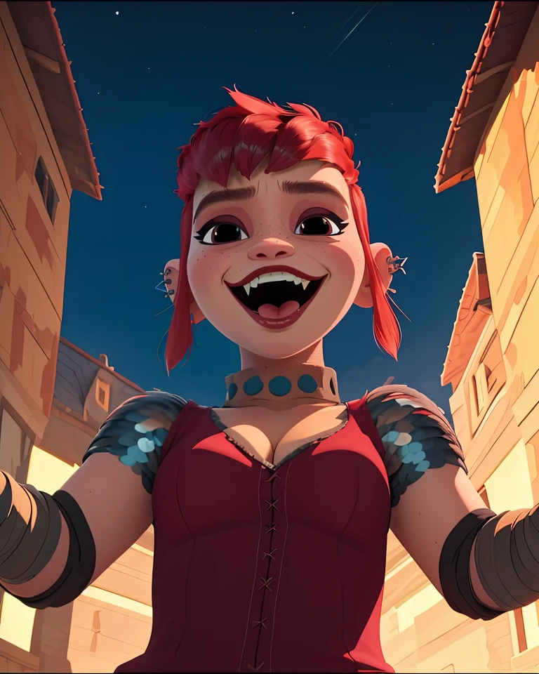 Nimona,black eyes,upper body,smiling,short hair,ear piercing,
armor,bandages,gloves,dress,
open mouth,fangs,tongue,cleavage,from below,
nighttime,
(insanely detailed, masterpiece, best quality),fantasy,<lora:Nimona:0.8>,