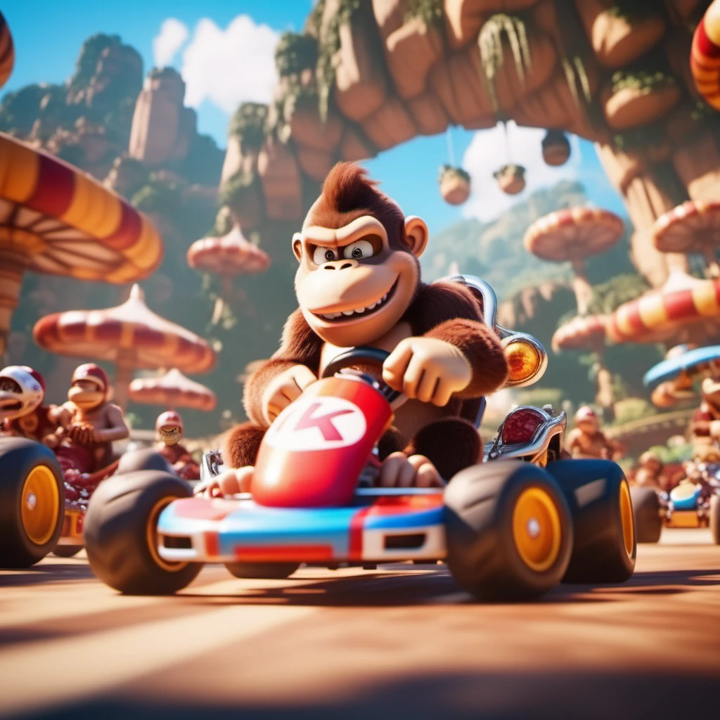 cinematic photo Donkey Kong driving a karting, fantasy world . 35mm photograph, film, bokeh, professional, 4k, highly detailed <lora:Mario1024-000200:0.6> <lora:add-detail-xl:1.5>