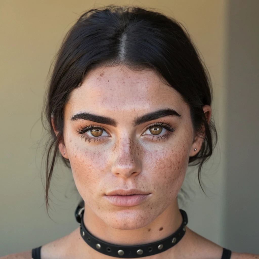 <lora:90B28AE8F5:0.7> woman with dark hair and thick eyebrows  with extreme freckles wearing a choker he has natural-looking skin staring forward, hd, sharp focus, shot with a canon, detailed skin texture, upper body,