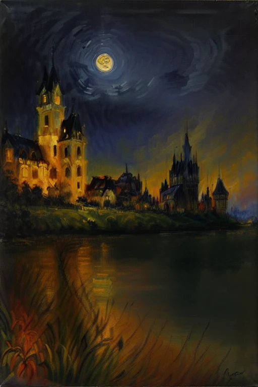 dark, castle, black sky, gloom, oil painting style, golden yellow