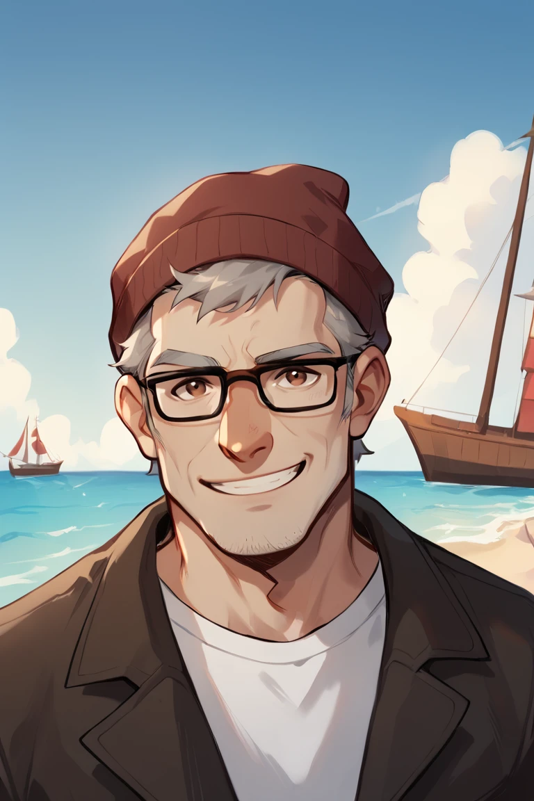 score_9, score_8_up, score_7_up, stanpines, solo, male focus, upper body, mature male, old man, short hair, grey hair, brown eyes, thick eyebrows, glasses, black-framed eyewear, facial hair, stubble, sideburns, smile, red beanie, white t-shirt, blue pants, coat, standing, outdoors, sea, ship <lora:Stanley (Stan) Pines SDXL_LoRA_10r_10e_32i_nr32_a16_Pony Diffusion V6 XL:0.7> <lora:Anime Style LoRA XL:0.8>