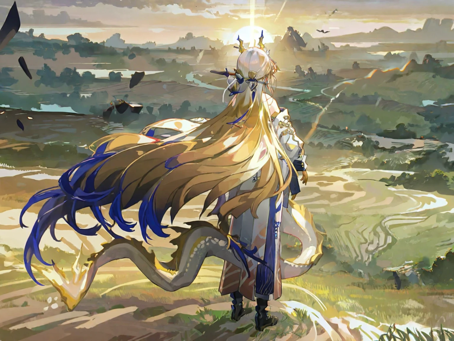 (1girl:1.2),(solo:1.2),masterpiece,best quality,highly detailed,best quality,illustration,highres,extremely detailed wallpaper,third-party edit,
<lora:ShuLoraXL:0.9>,dragon horns,long hair,multicolored hair,blonde hair,(weat field background:1.5),from back,sunset,full body,