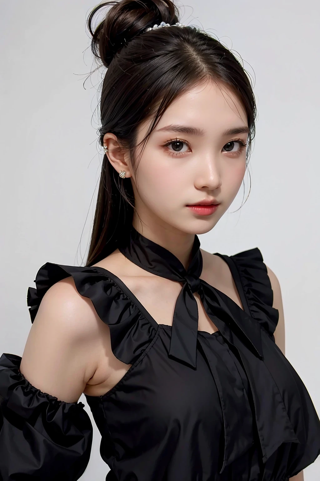 1 woman, black random suit, white background, 