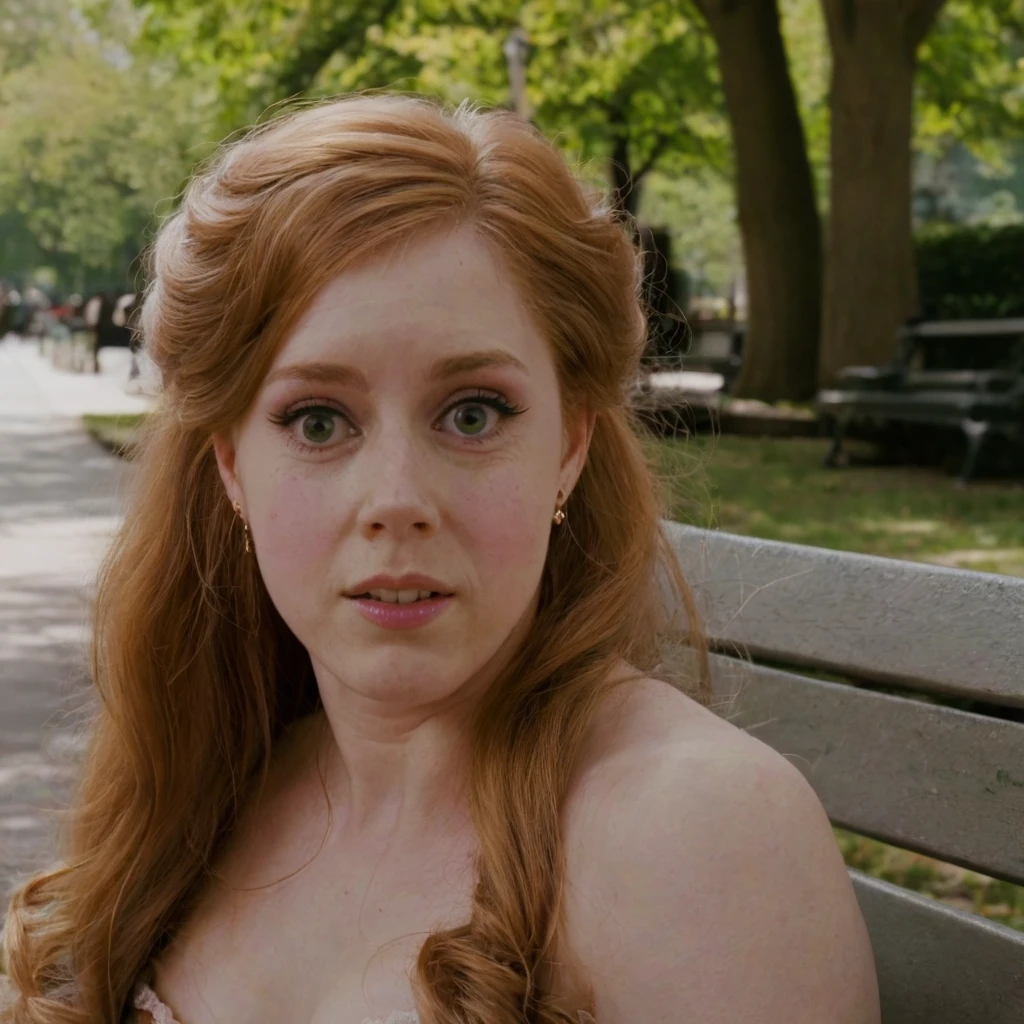 amyadams sitting on a park bench, half body shot, f/1.8 50mm photo <lora:amyadams:1>