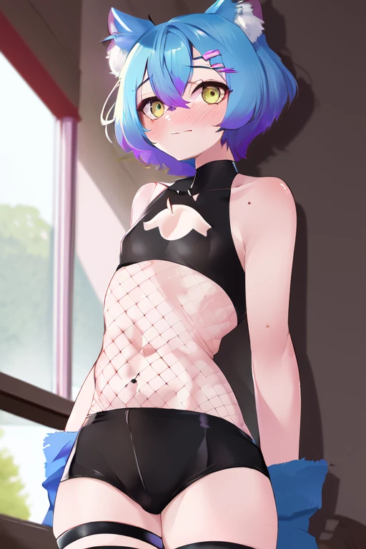 1 boy with blue hair and cat ears, <lora:Linechu4_bf16_768_constant:1>, flat chest