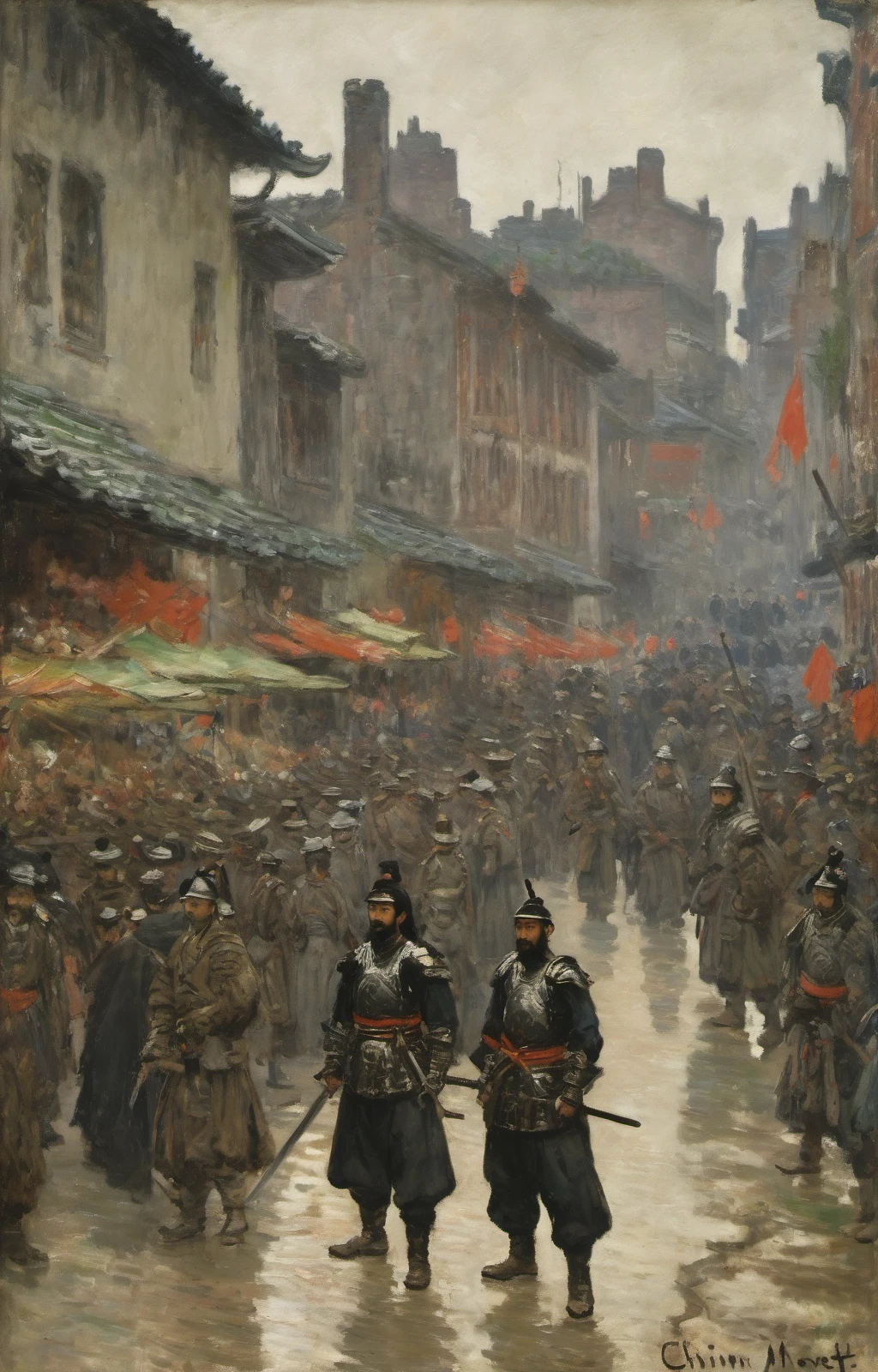 oil painting, dark theme, (urban background:1.2), wide lens shoot, crowed people, 
(impressionism by monet:1.2), oil painting, chinesee person  with  facial hair wearing armor, holding sword, solo, sheath, black hair, full body, standing, sheathed, japanese armor, shoulder armor, mustache, boots, (samurai:1.1), topknot, pants,
looking at viewer, 
<lora:Monet_V4-000008:1>