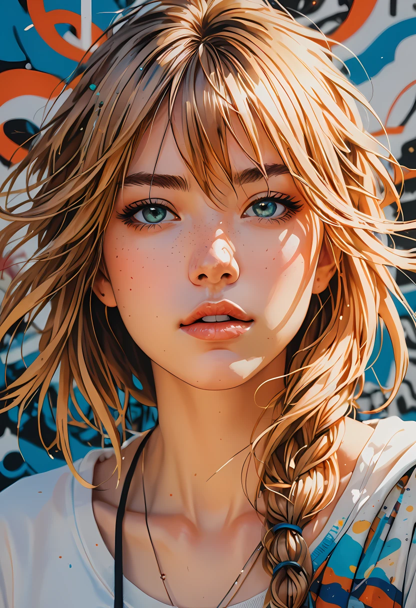 anime artwork portrait of a unique breathtaking and beautiful woman face close-up, stunning detail, hyper detailed eyes, detailed skin with a flawless texture delicate and refined, smooth hair elegantly draped around her neck, fullness of her lips, graphic t-shirt, dynamic pose against a graffiti wall, captured in masterful composition, lighting accentuate her natural beauty, gentle shadows and highlights, incredible skill and attention to detail, nuance and detail, supersharp focus, Carne Griffiths, Conrad Roset, annie leibovitz, hyperdetailed, soft light, sharp, Hasselblad masterclass, . anime style, key visual, vibrant, studio anime, highly detailed