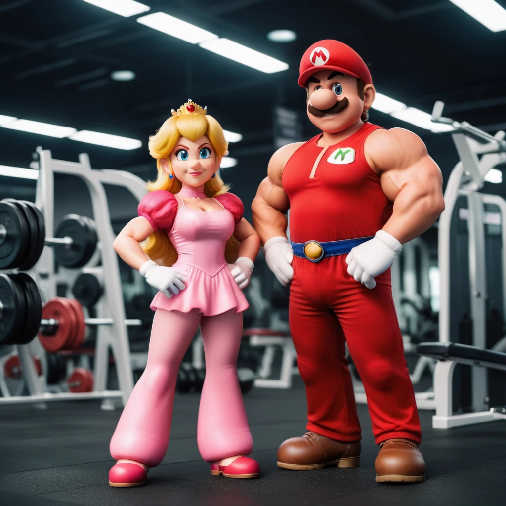 cinematic photo very muscular mario and princess peach as a bodybuilder in a gym . 35mm photograph, film, bokeh, professional, 4k, highly detailed <lora:Mario1024-000200:0.6>