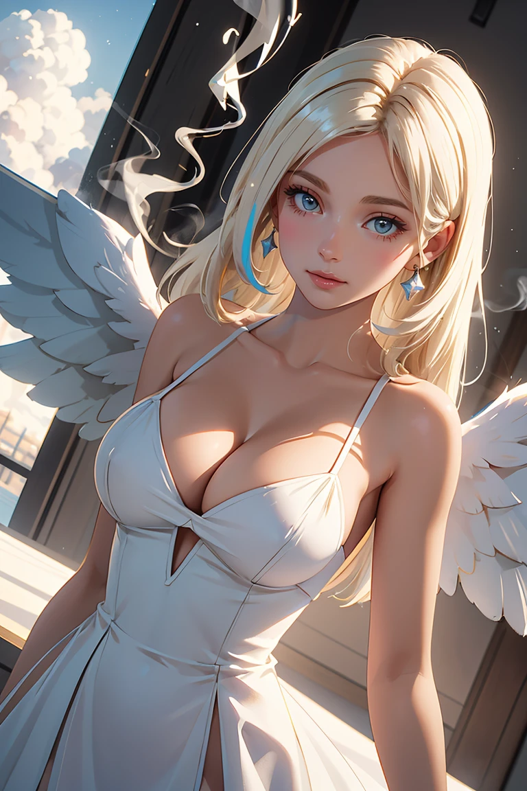 masterpiece, best quality,
Ray tracing, hdr, volumetric lighting,
a graceful female angel clothed in glittering, perfect wings, symmetrical wings, colorful fine linen, elegant, surrounded by radiant flowers and bright clouds, smoke, misty, shimmering auras, bright morning in the background, morning lighting, long hair, almost white blonde hair, glowing skin, in the distant sky we can see stars that shine brightly,
(dutch:1.3), (Dutch Angle Shot:1.3),
(huge breasts), (cleavage),