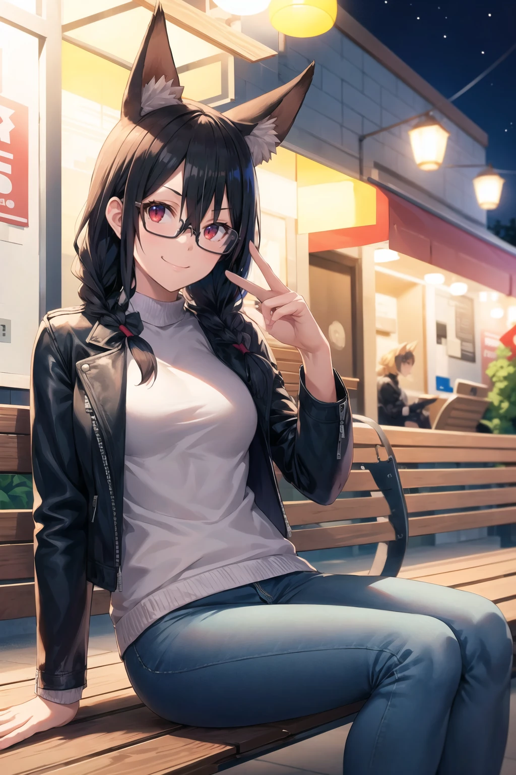 1girl, solo, sidelocks, twinbraids, (black hair), red eyes, smug, smirk, glasses, sitting, bench, partk, at night, long hair, white sweater, (leather jacket), (black jacket:1.2), fox girl, fox ears, fox tail, jeans, black tail, <lora:Akaza-Styke_8880:1>