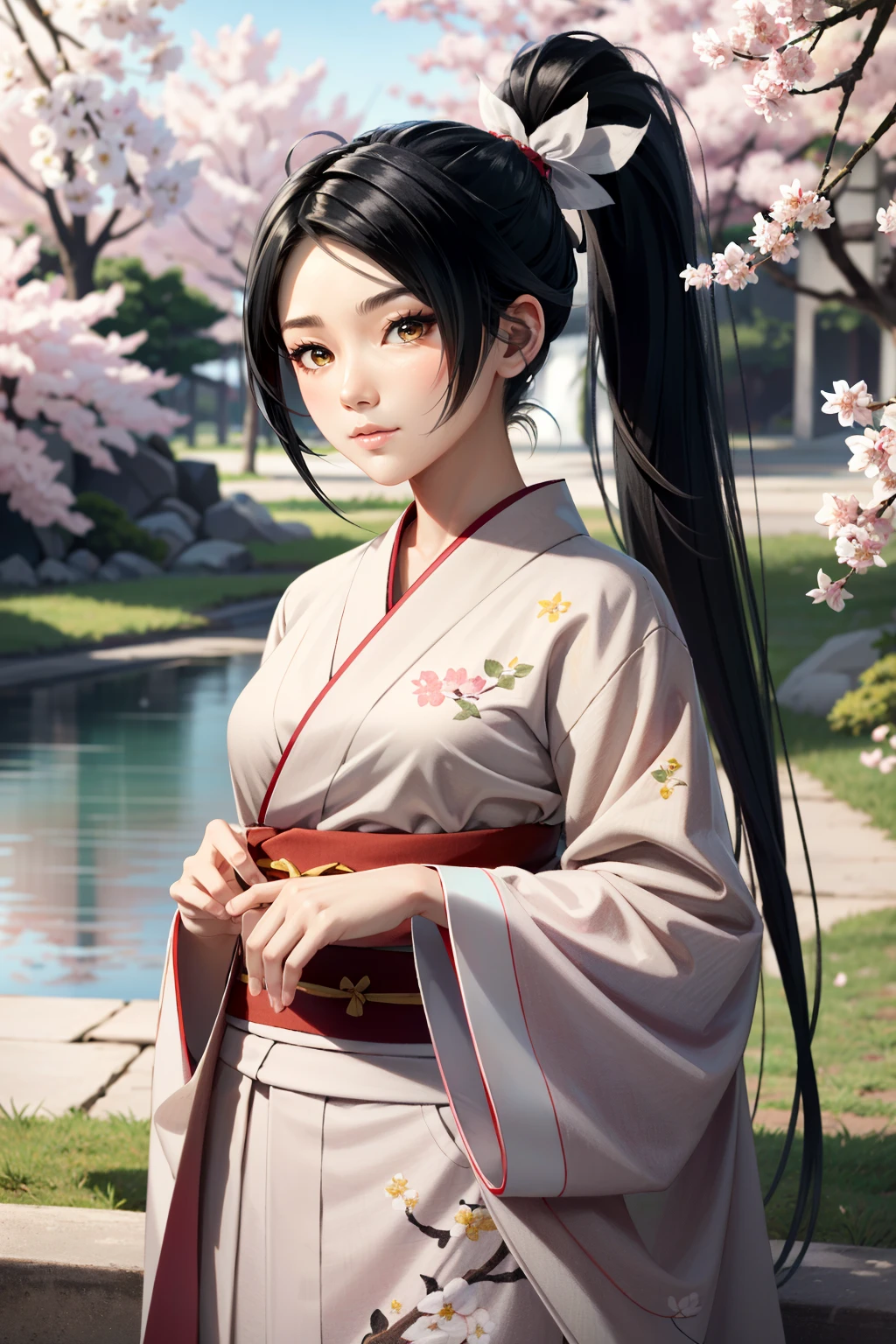 ((ultra detailed, masterpiece, absurdres))
<lora:DOAMomiji:0.9>
DOAMomiji, 1girl, ponytail, long hair, in a traditional kimono, surrounded by cherry blossoms