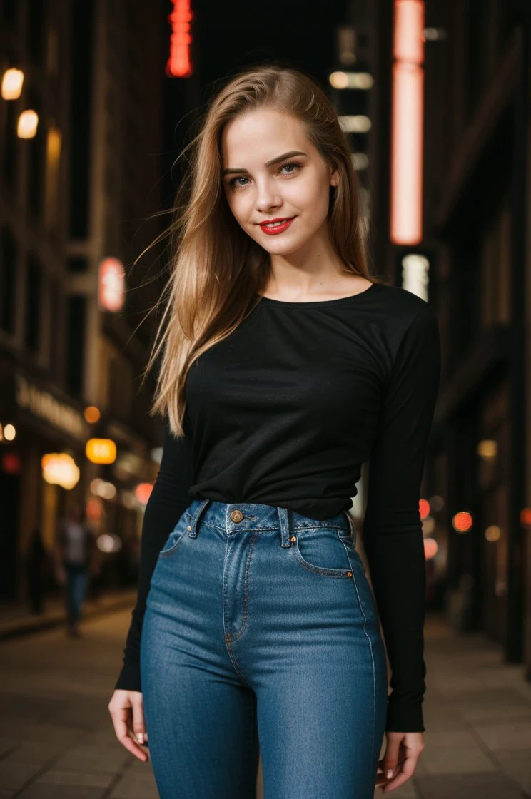 cinematic film still RAW photo of Carolina_Sampaio, smiling, red lips, natural blonde straight hair, casual clothes (black t-shirt, denim legging, stiletto heels), (looking at viewer:1.1), <lora:backlight_slider_v10:1.2>, <lora:epiCRealismHelper:1>, <lora:skin_tone_slider_v1:-1>, modern empty street at night background, 8K, 16k, uhd, dslr, best quality, high quality, realistic, photo-realistic, ultra-detailed, <lora:Carolina_Sampaio:1> PA7_Portrait-MS . shallow depth of field, vignette, highly detailed, high budget, bokeh, cinemascope, moody, epic, gorgeous, film grain, grainy